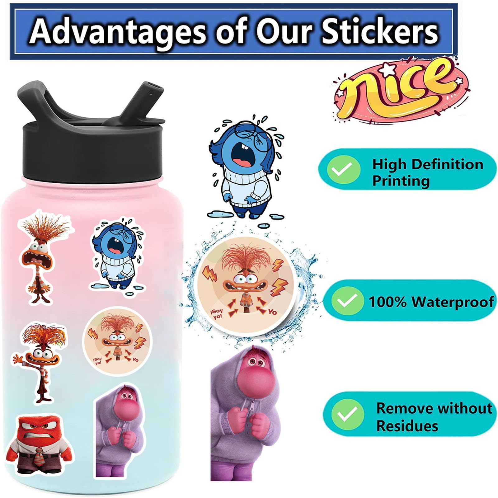 50Pcs Inside Out Stickers for Kids - Waterproof Vinyl Cartoon Stickers for Water Bottles, Laptops & Notebooks - Bulk Assorted Movie Stickers Pack for Girls, Boys & Teens - Perfect for School, Parties & DIY Crafts