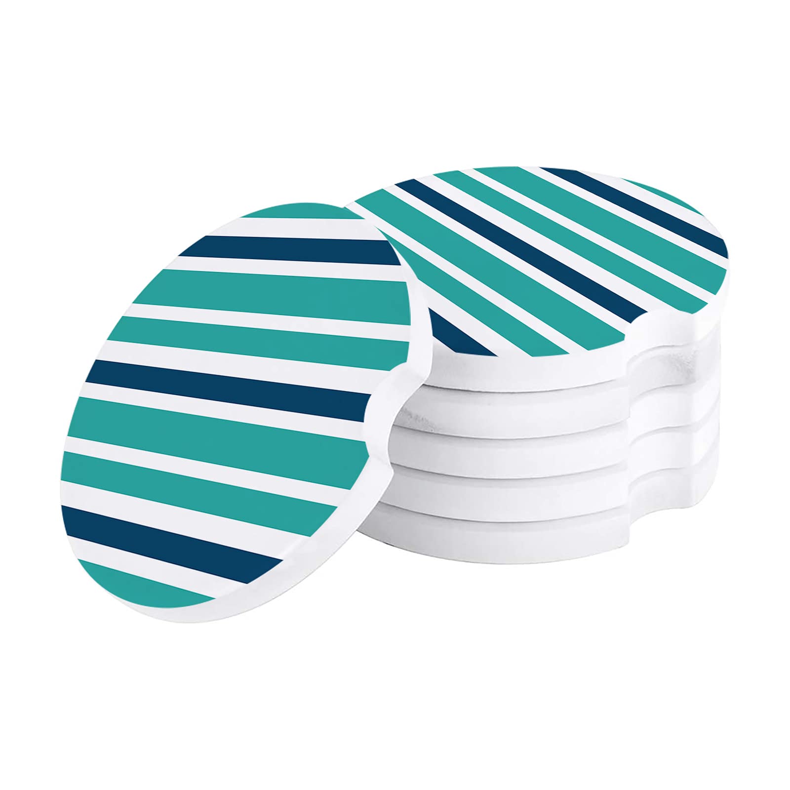 Nautical Stripes Car Cup Holders Coasters for Women & Men - 2 Pack Absorbent Ceramic Stone Drink Coasters Set in Navy Blue & Turquoise - Perfect for Cars, Offices & Home Use