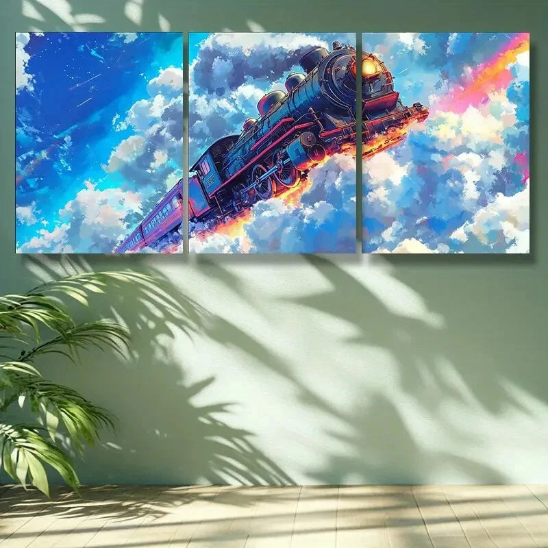 3Pcs Train on Sky Rainbow Metal Wall Art - Ready to Hang Home Decor for Living Room, Bedroom & Office