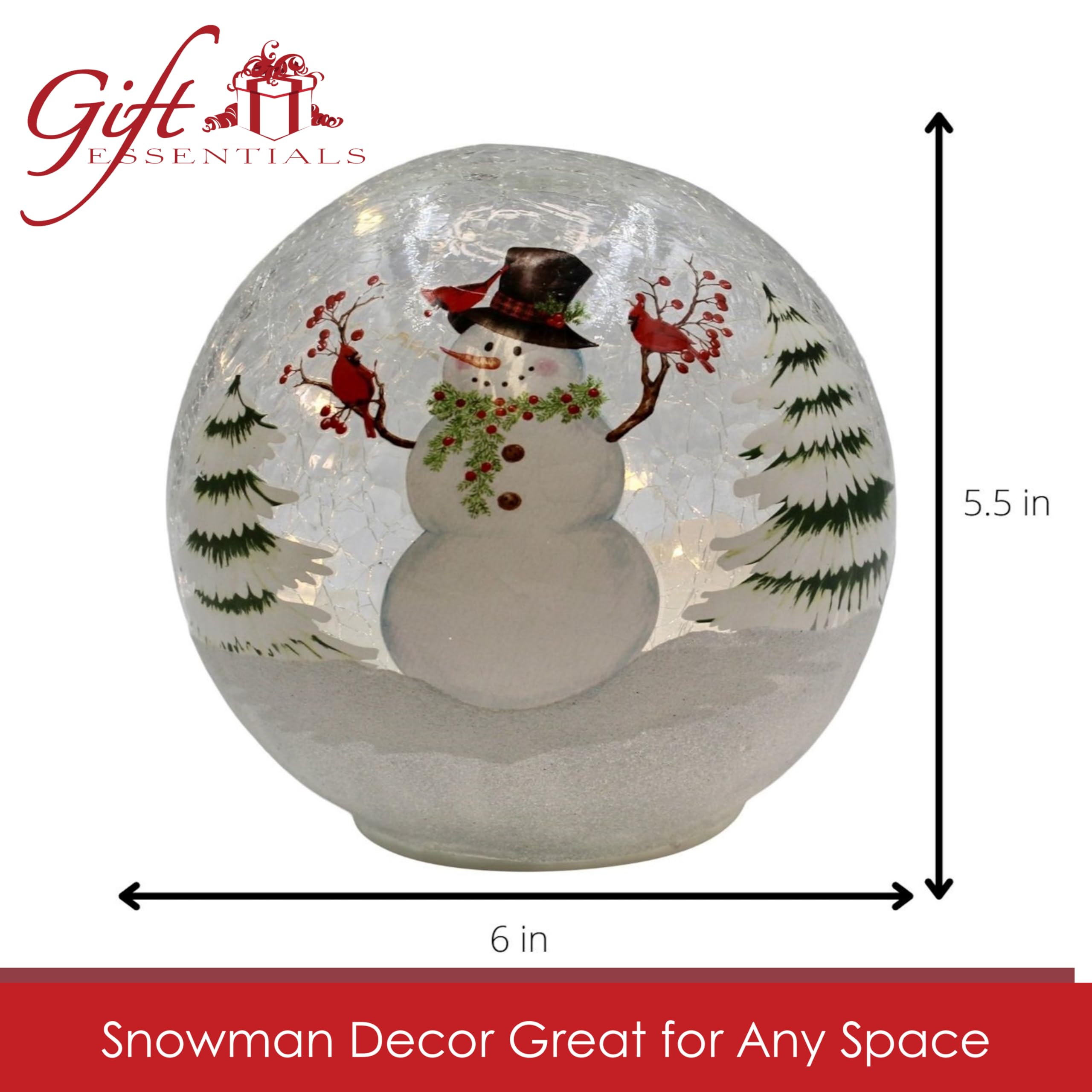 Snowman with Cardinals Crackle Glass Globe - LED Light Up Christmas Ornament - Battery Operated Holiday Home Decor (Requires 3 AA Batteries) - Perfect for Mantel, Tabletop & Holiday Gift Giving