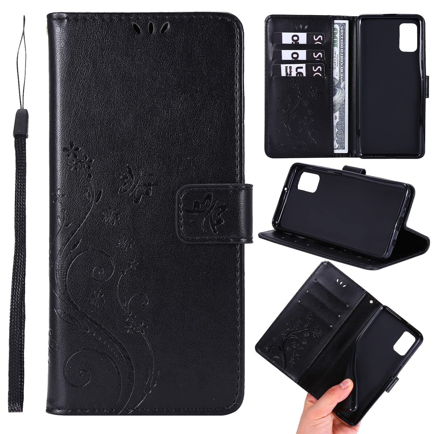 Samsung Galaxy A41 Wallet Phone Case with Magnetic Closure, Card Slots & Wrist Strap - Butterfly Embossed Protective Cover for Everyday Use, Travel & Work