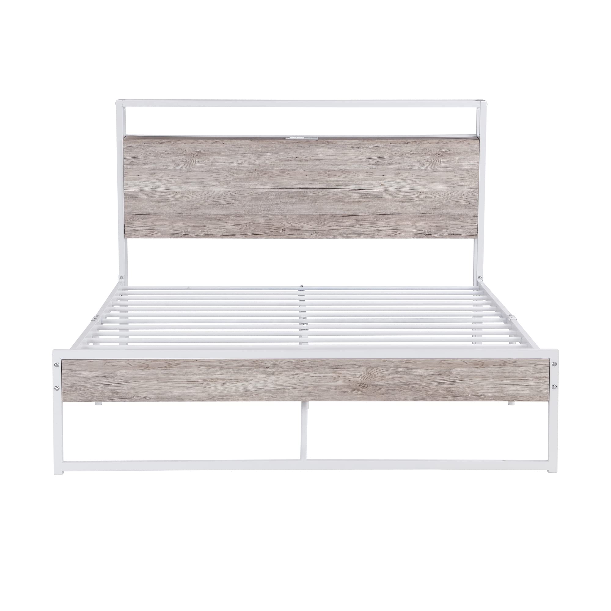 Full Size Platform Bed Frame with USB Ports & Outlets - Modern Metal Bed with Storage Drawers, Sturdy Slat Support & Center Legs - No Box Spring Needed (White) - Perfect for Small Spaces, Apartments & Modern Bedrooms