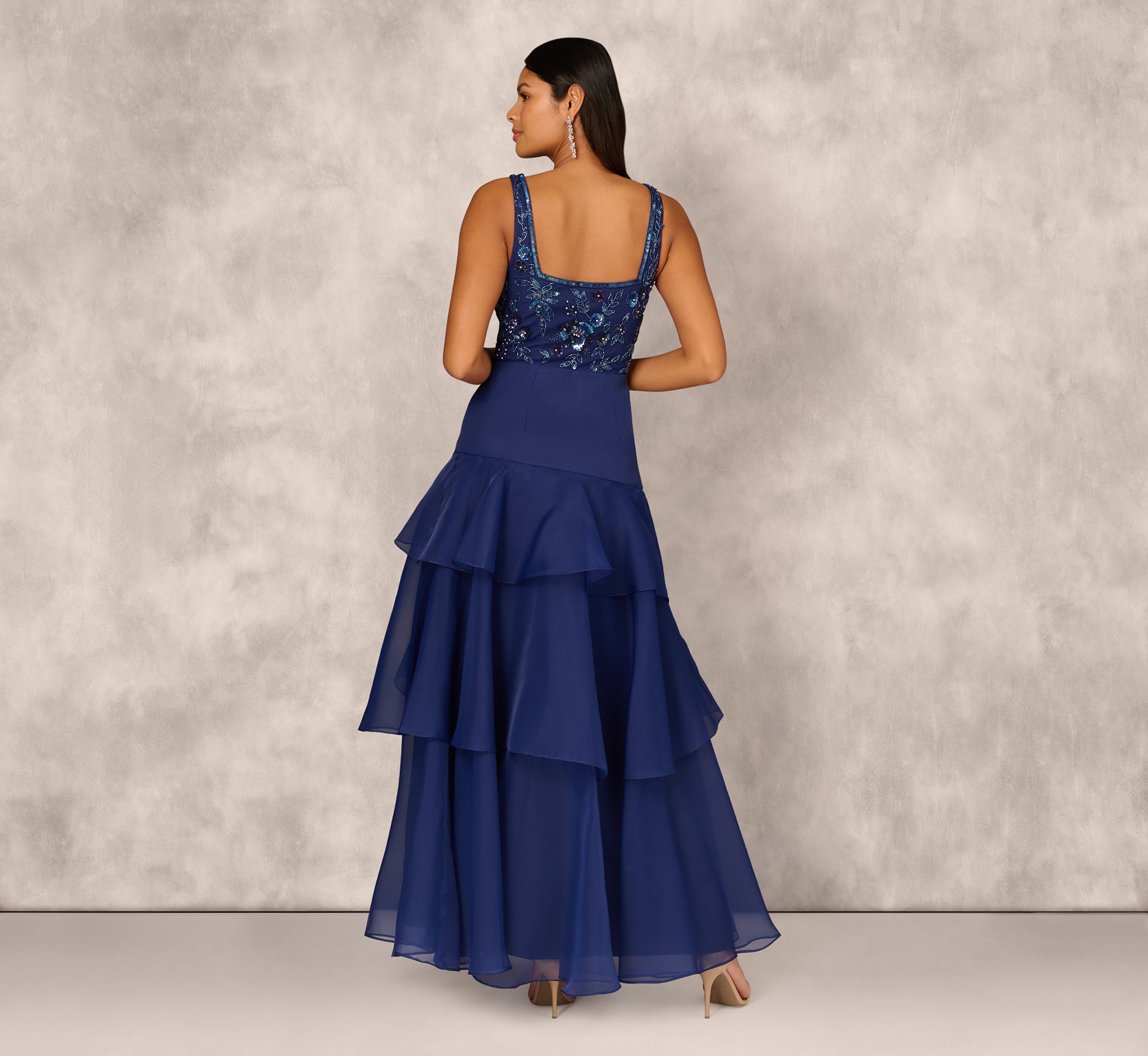 Elegant Navy Blue Tiered Organza Gown with Beaded Bodice - Perfect for Prom, Evening Gala, and Formal Wedding Events