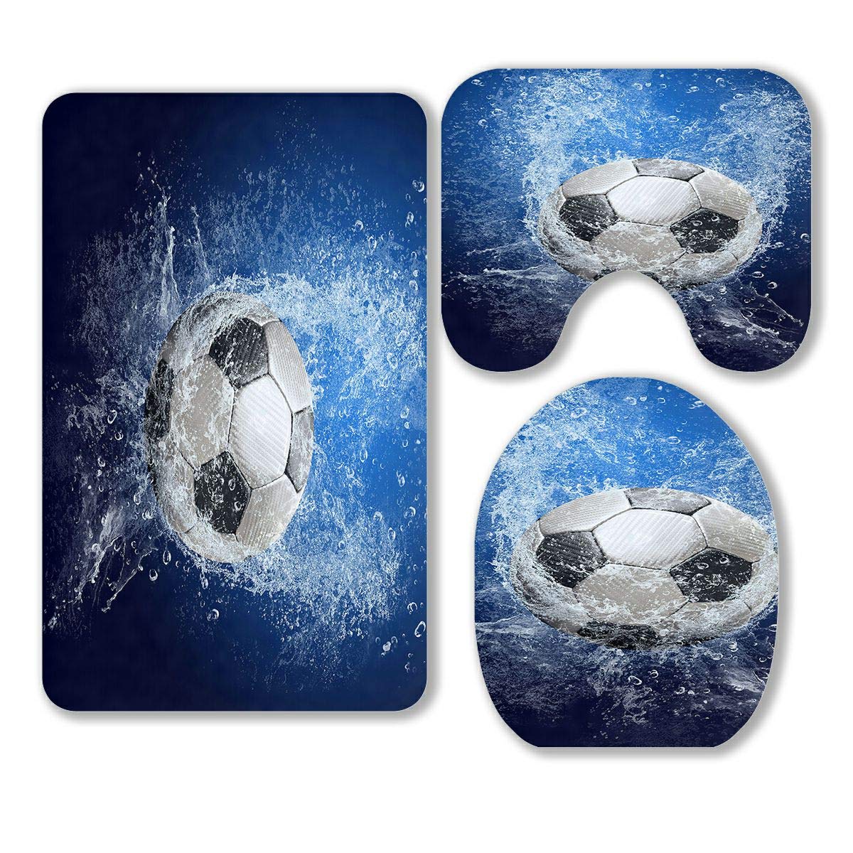 ABPHQTO Water Droplets Soccer Ball Design 3-Piece Bathroom Rug Set - Non-Slip Contour Mat & Toilet Lid Cover for Modern Bathrooms | Perfect for Kids' Rooms, Sports Themed Decor & Guest Bathrooms