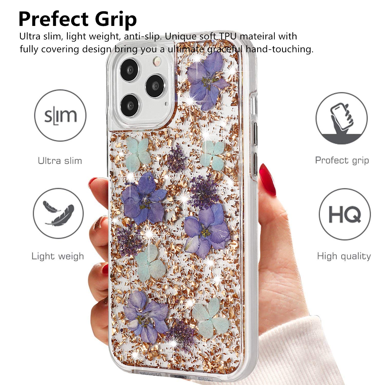 Luxury iPhone 12 Pro Max Case for Women - Sparkling Glitter Floral Design with Clear TPU Bumper | Protective Hard Back Cover for iPhone 12 Pro Max 6.7