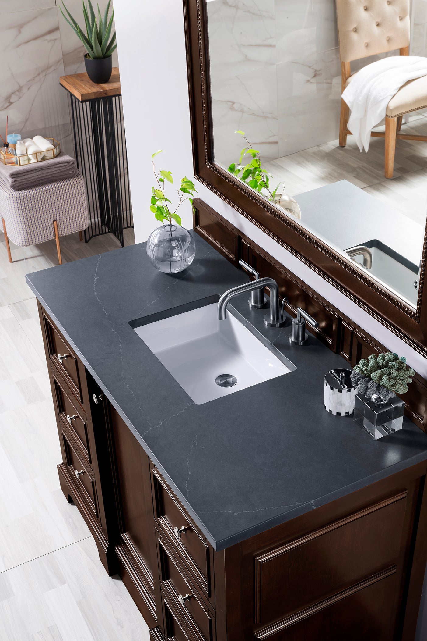 De Soto 48 Inch Single Bathroom Vanity with Burnished Mahogany Finish & 3CM Charcoal Soapstone Quartz Countertop - Perfect for Modern Home Bathroom Remodeling