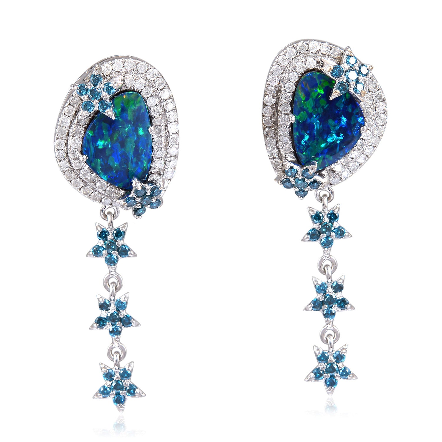 18K White Gold Colored Diamond Pave Sparkling Opal Doublet Dangle Earrings - Elegant Jewelry for Parties, Weddings & Special Occasions