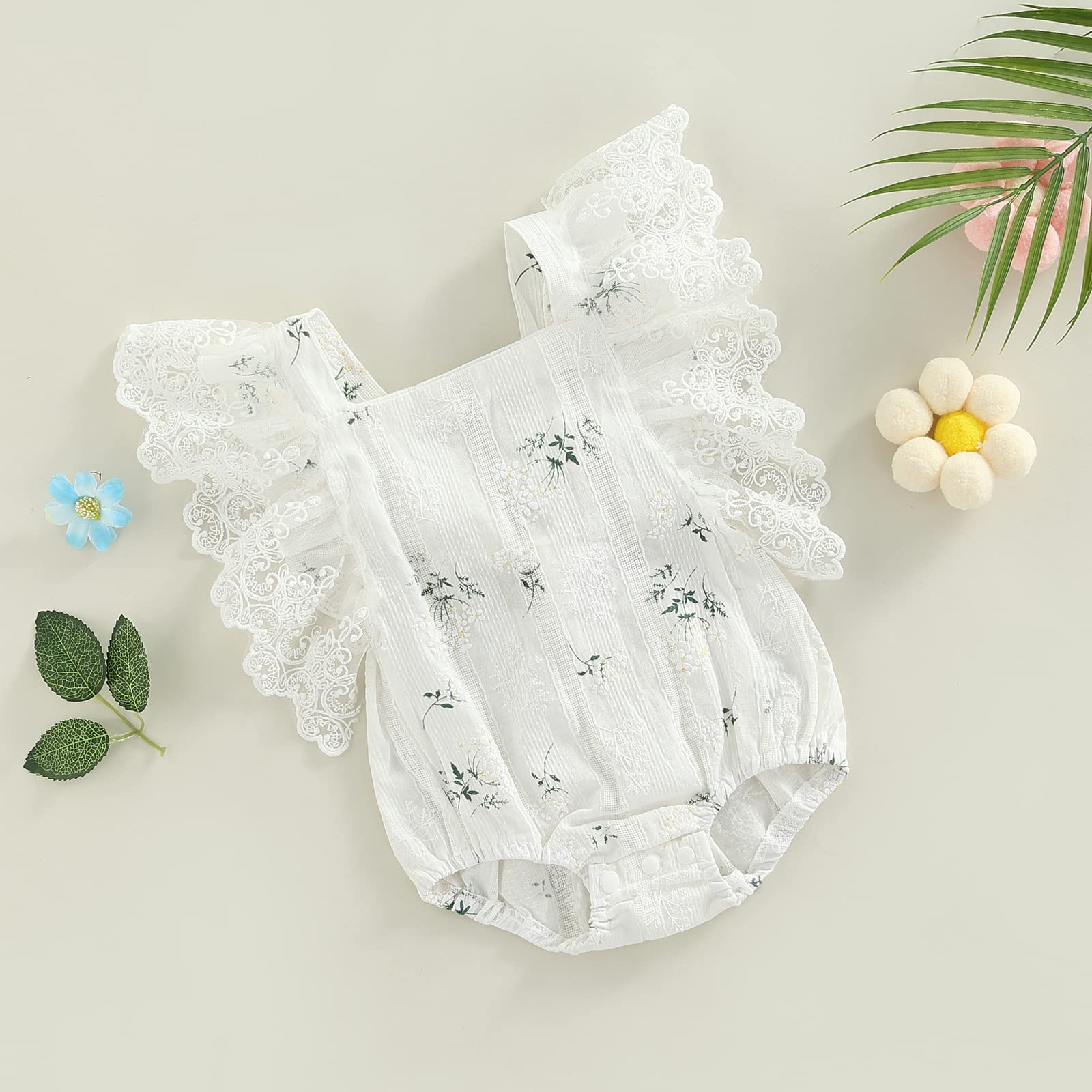 Newborn Baby Girl Romper Outfit - Lace Flutter Sleeve Floral Bodysuit One-Piece Summer Clothes | Perfect for Photoshoots, Parties & Everyday Wear