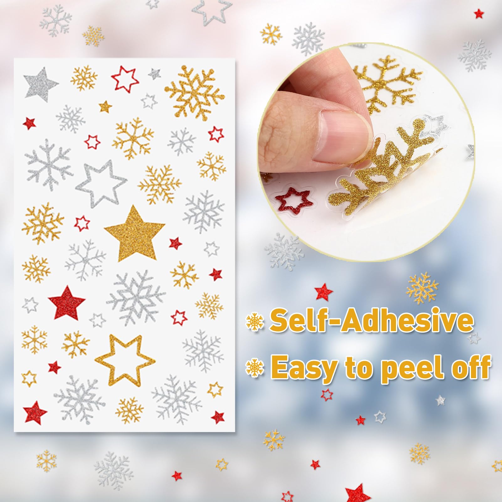 KESOTE Glitter Christmas Stickers - 5 Sheets Self-Adhesive Holiday Star & Snowflake Stickers for DIY Crafts, Greeting Cards, Gift Wrapping & Festive Decorations | Perfect for Christmas Party Decor, Scrapbooking & Holiday Envelopes