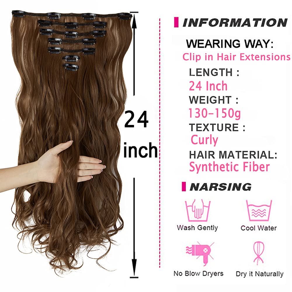 24 Inch Wavy Curly Clip-in Hair Extensions - 7 Piece Double Weft Synthetic Hair Set with 16 Clips (160g) - Ash Blonde Ginger Mix for Volume & Length - Perfect for Parties, Weddings & Daily Styling