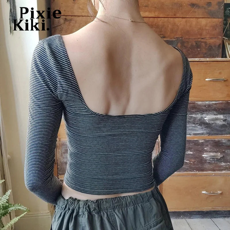 Black and White Striped Square Neck Backless Long Sleeve T-Shirt for Women | Y2K 2000s Vintage Fashion | Fall 2024 Trendy Top | Perfect for Casual Outings, Parties, and Retro Fashion Looks