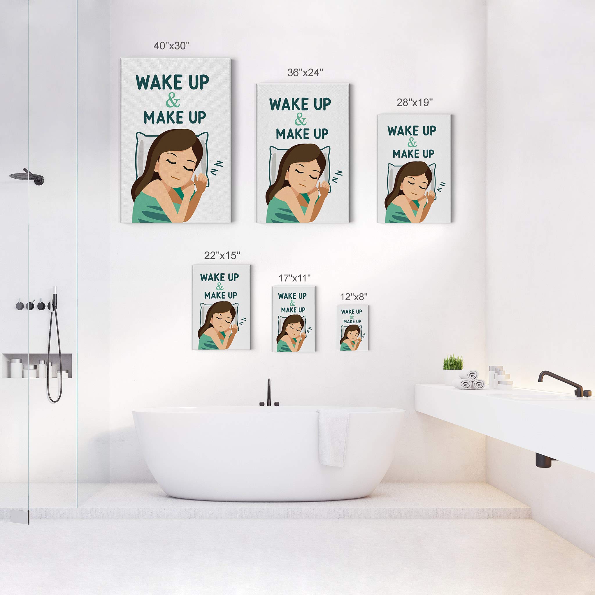 Wake Up Make Up Canvas Print - Funny Bathroom Wall Decor, Cute Nursery Wall Art, Ready to Hang Home Decoration (17x11) - Perfect for Bathrooms, Bedrooms & Kids Rooms | Made in USA
