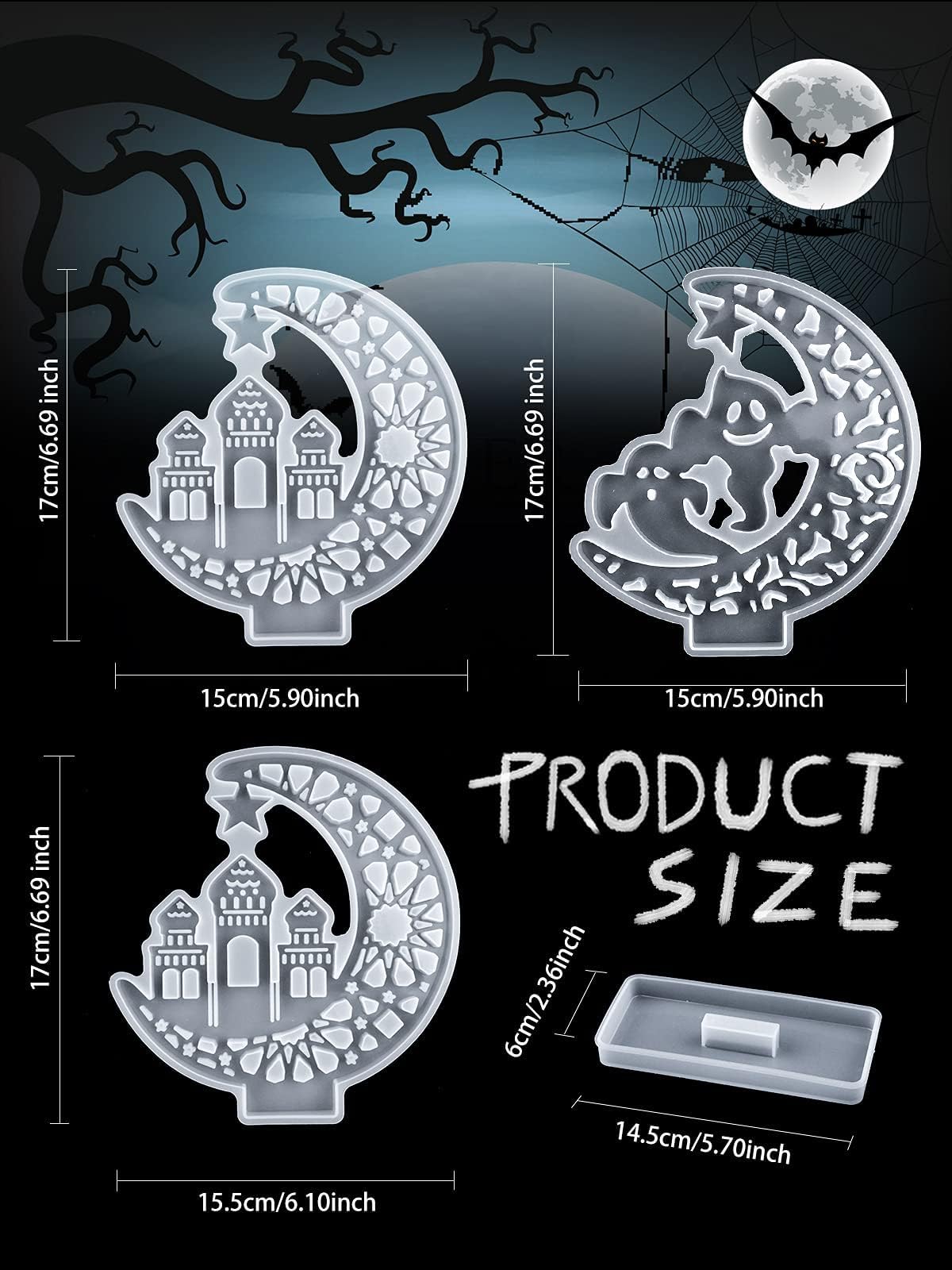 Kalolary 4Pcs Coffin & Crescent Moon Epoxy Resin Molds with Stand - DIY Silicone Craft Kits for Halloween Decor, Home Tabletop Accessories - Perfect for Jewelry Making, Resin Art Projects & Spooky Party Decorations