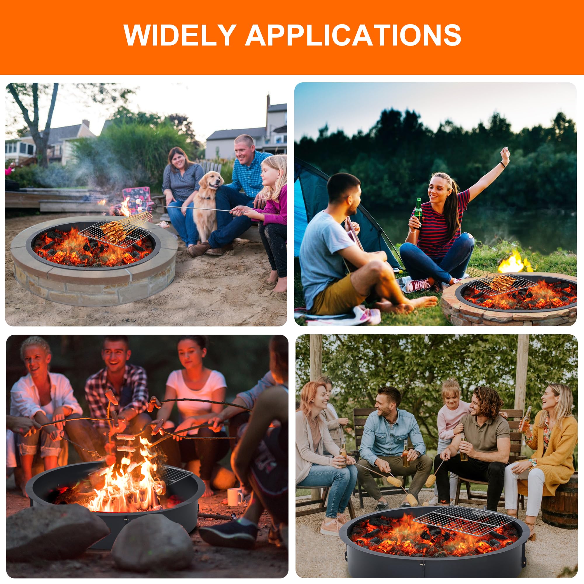 36 Inch Heavy Duty Steel Fire Pit Ring Insert - Outdoor Fire Pit Liner with Cooking Grate for Wood Burning | DIY Camping, Patio, Backyard & Garden Use | Perfect for Roasting Marshmallows, Bonfires & Outdoor Cooking