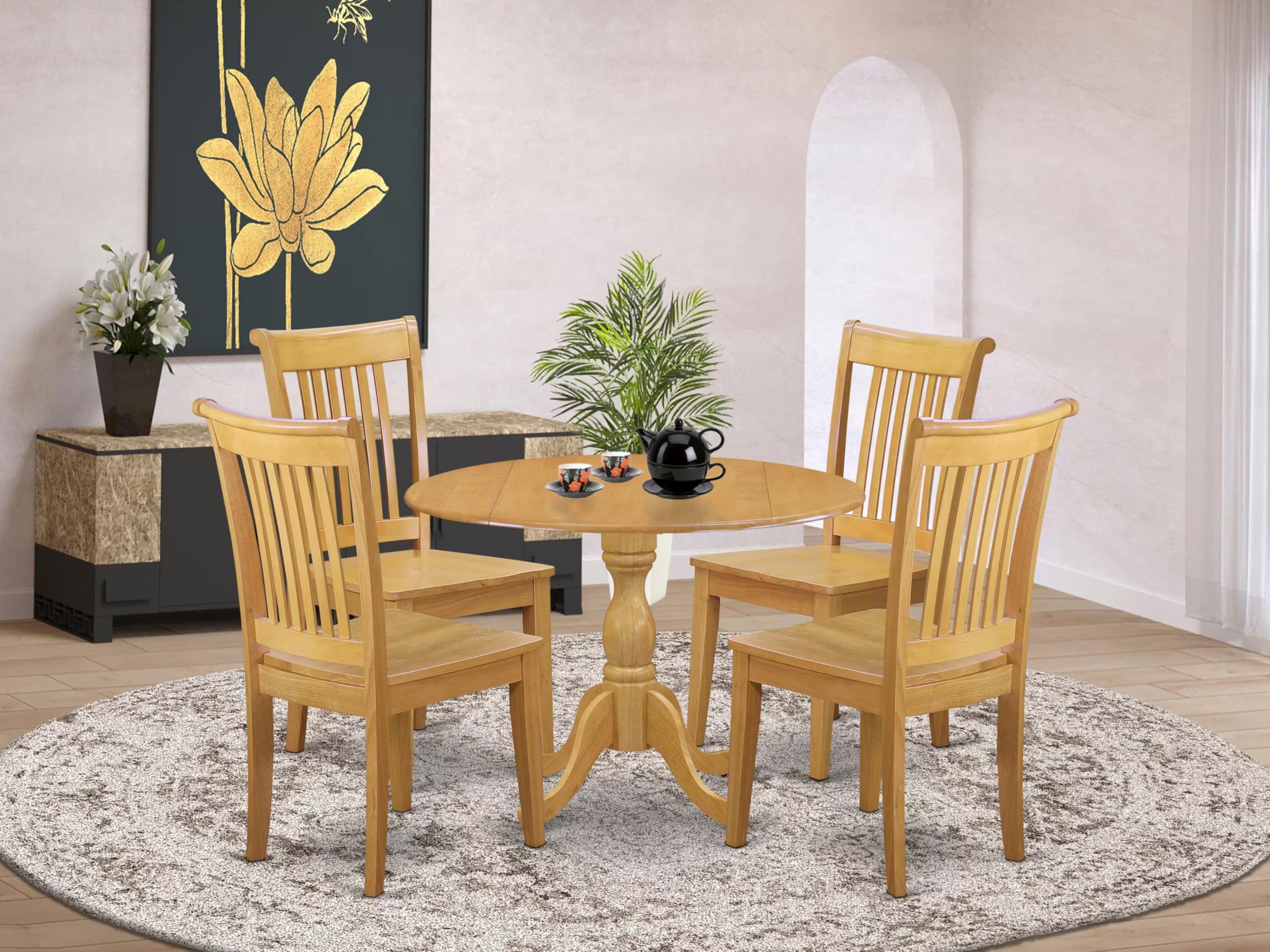 East West Furniture 5-Piece Oak Dining Set with Drop-Leaf Table & 4 Chairs - 42x42 Inch Solid Wood Kitchen Table Set for Small Spaces | Perfect for Breakfast Nook, Apartment Dining, and Cozy Family Meals