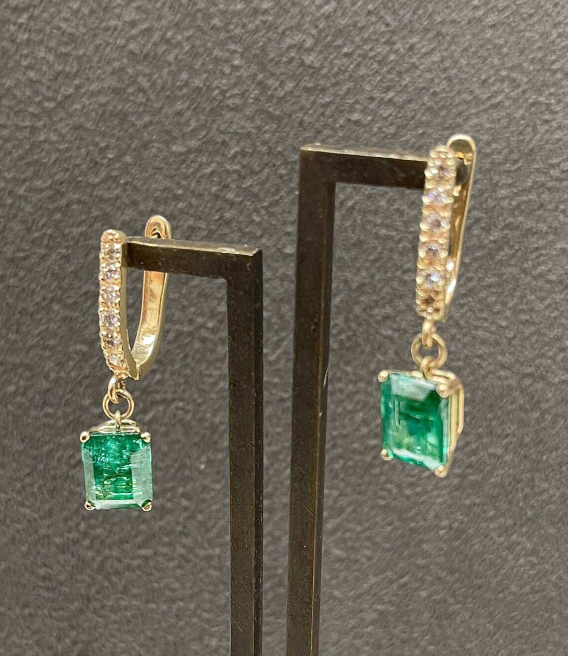 4.84tcw Rich Dark Green Emerald & Diamond Latch Back Omega Earrings in 14K Gold - Elegant Jewelry for Weddings, Parties & Special Occasions