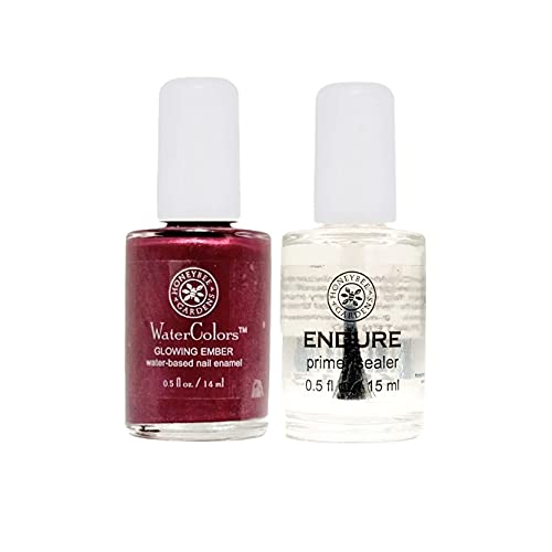 Honeybee Gardens WaterColors Nail Enamel & Endure Primer/Sealer Set - Glowing Ember Shimmery Deep Red Purple Nail Polish Kit | Long-Lasting Vegan Nail Color for Manicures, Pedicures & Special Occasions