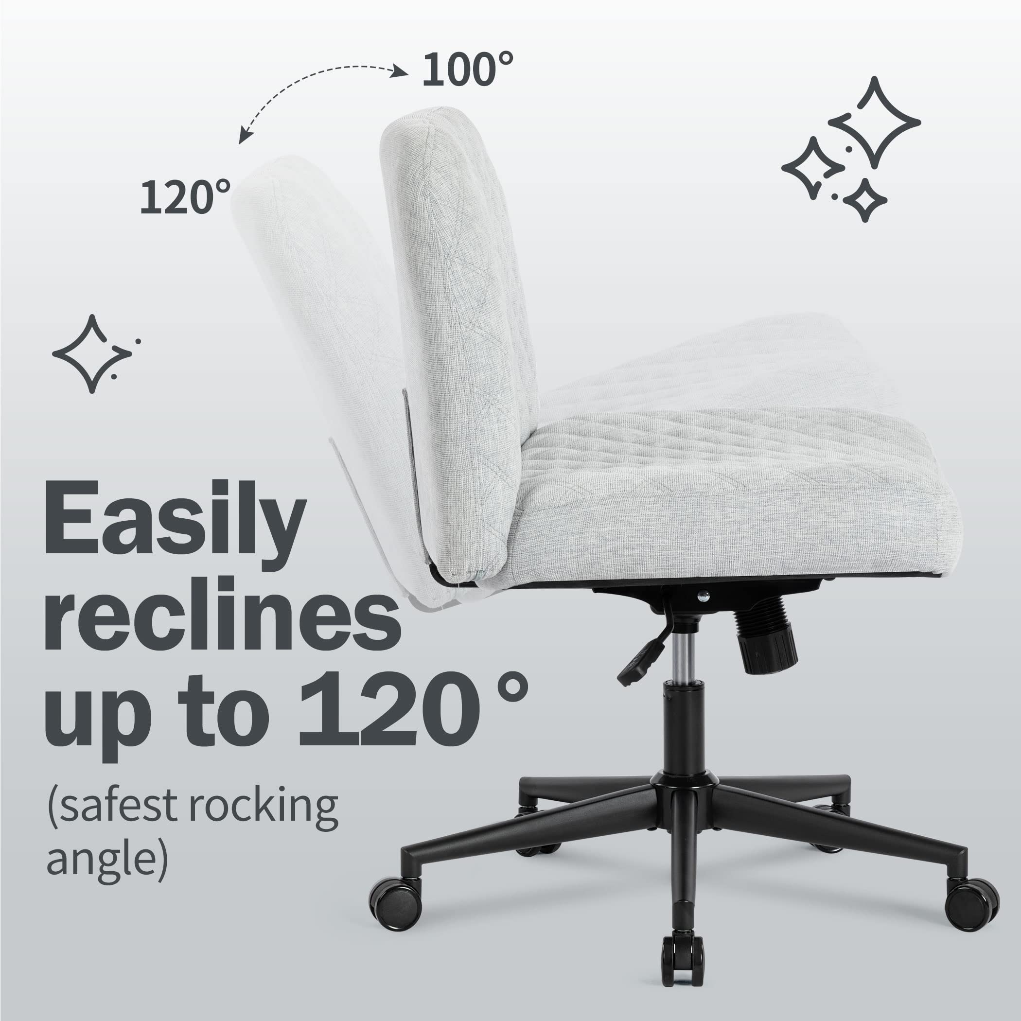 Ergonomic Armless Fabric Office Chair with Wheels - 120° Rocking Swivel Computer Desk Chair, Thick Padded Seat Modern Task Chair for Home Office, Study & Vanity Use