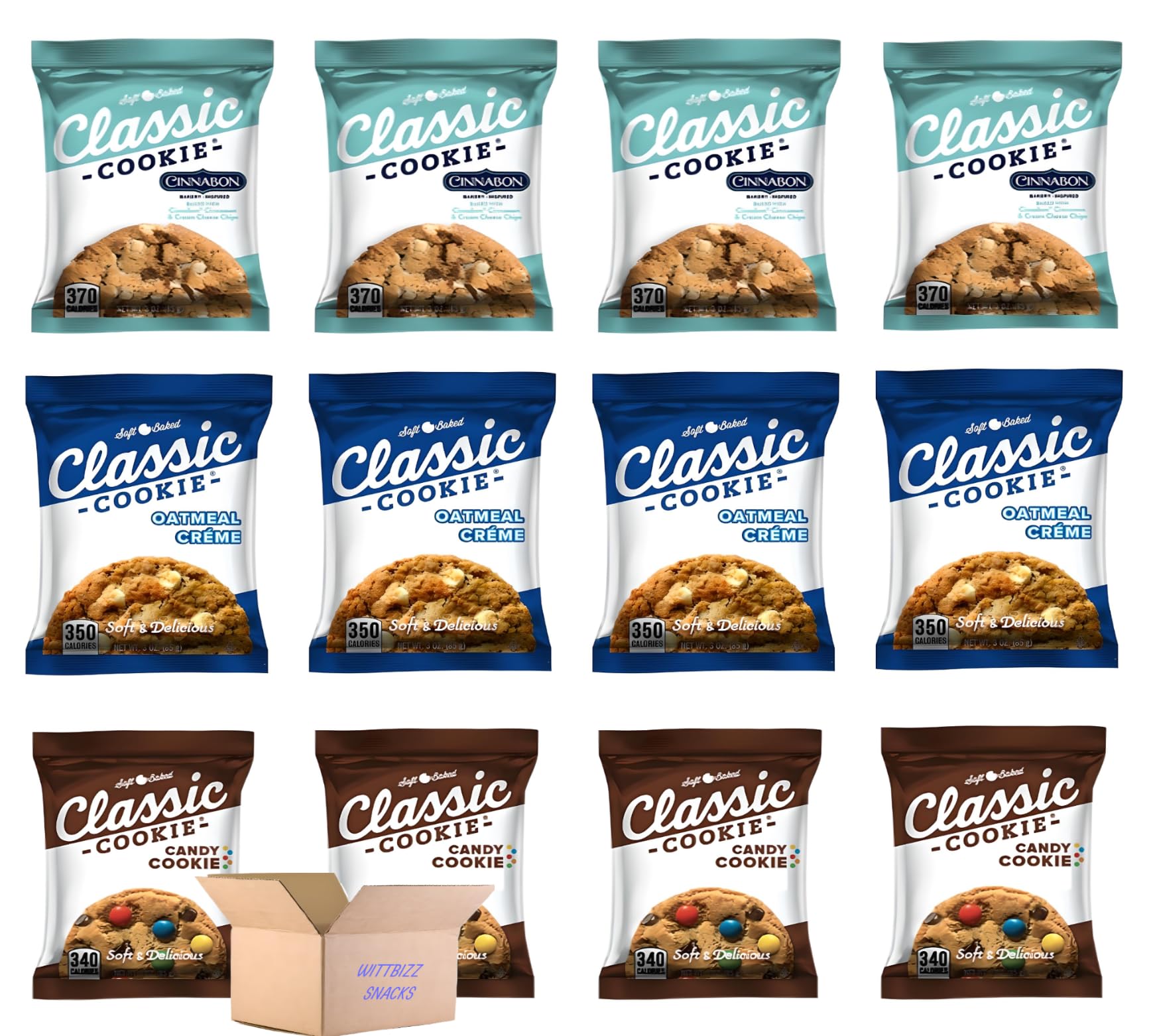 Wittbizz Snacks Bundles Classic Cookies Variety Pack - 3oz Cookies (12 Count) | Cinnabon, Oatmeal Creme & Candy Cookies | Perfect for Office Snacks, Party Treats & Gift Baskets