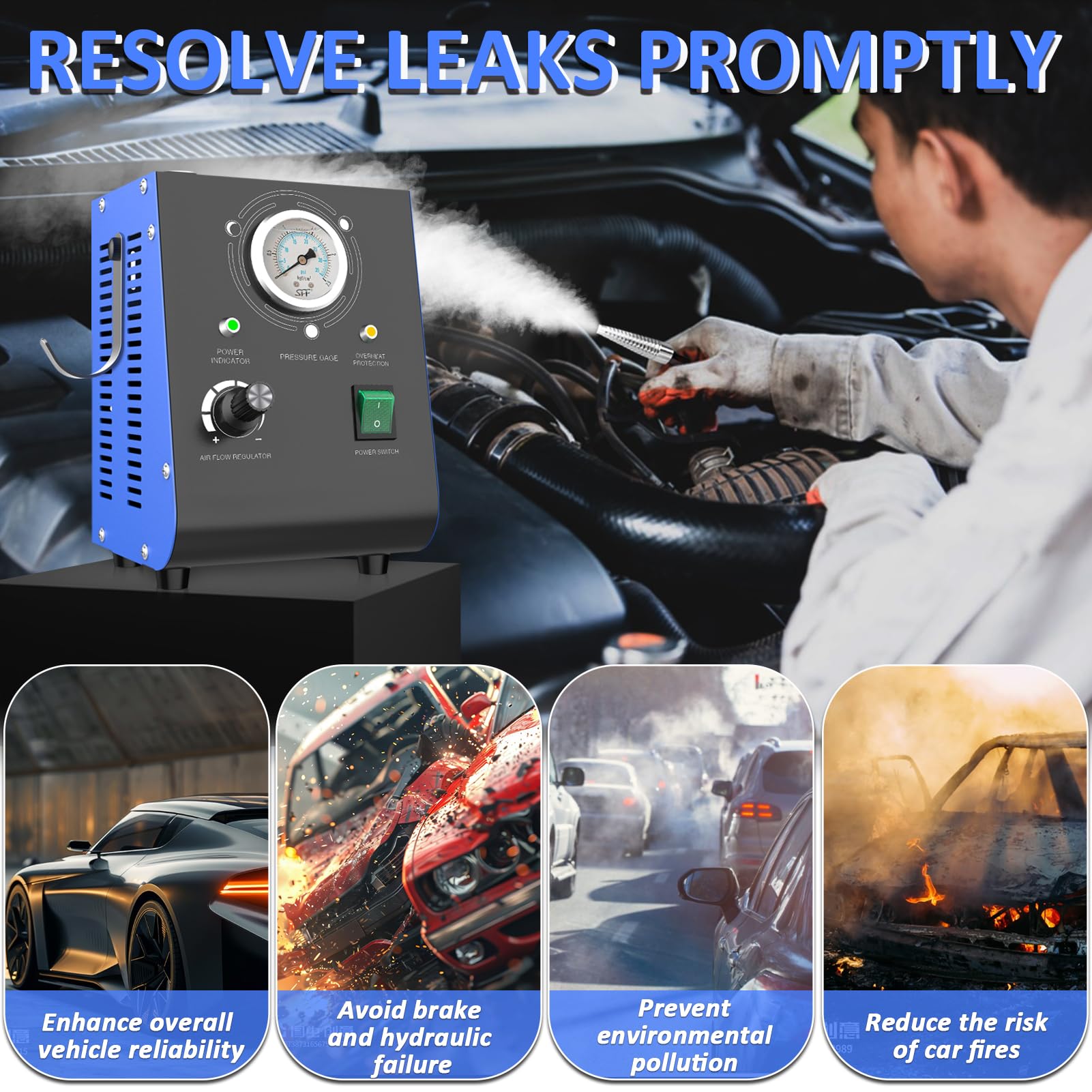 Automotive Smoke Machine Leak Detector with Built-in Air Pump | EVAP Smoke Tester with Adjustable Pressure Gauge | 12V DC Vehicle Pipe System Diagnostic Tool | Perfect for Detecting Vacuum Leaks in Cars, Trucks & SUVs