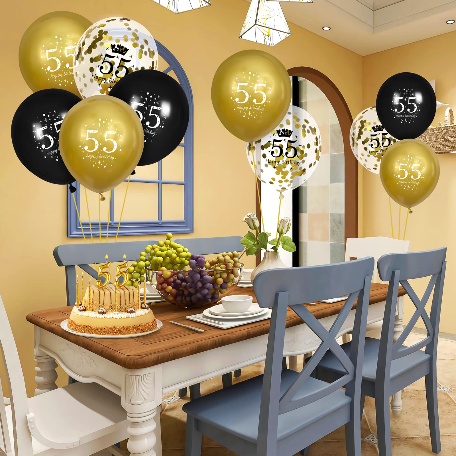 55th Birthday Balloons for Men & Women - 15 Pcs Black Gold Happy Birthday Party Decorations - Perfect for 55th Birthday Celebrations, Anniversaries, and Retirement Parties