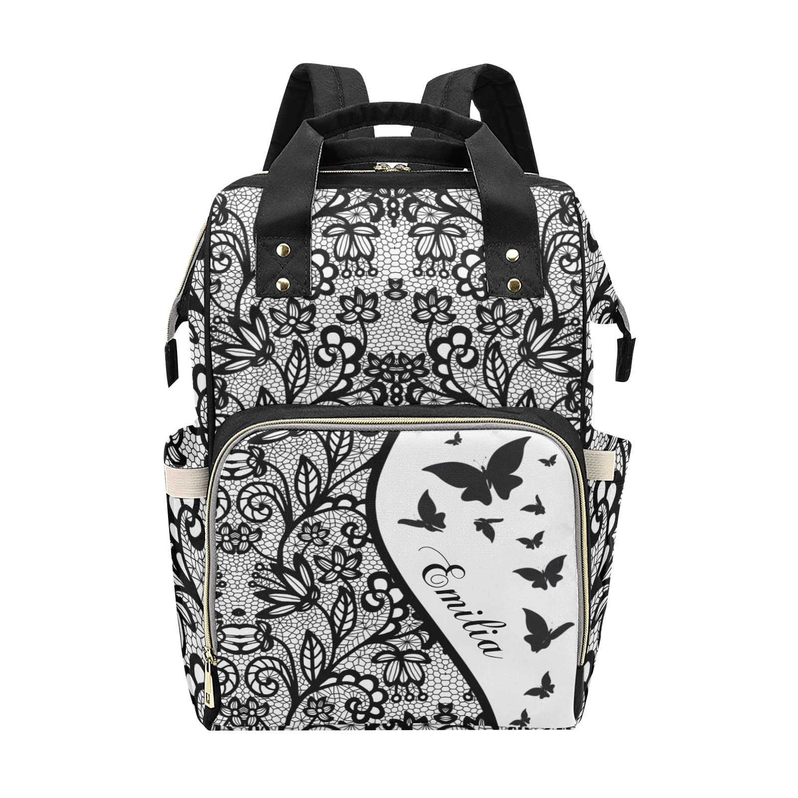 Personalized Diaper Bag Backpack Tote - Butterfly Lace Black - Custom Baby Shower Gift for New Moms - Perfect for Travel, Daycare & On-the-Go Parenting