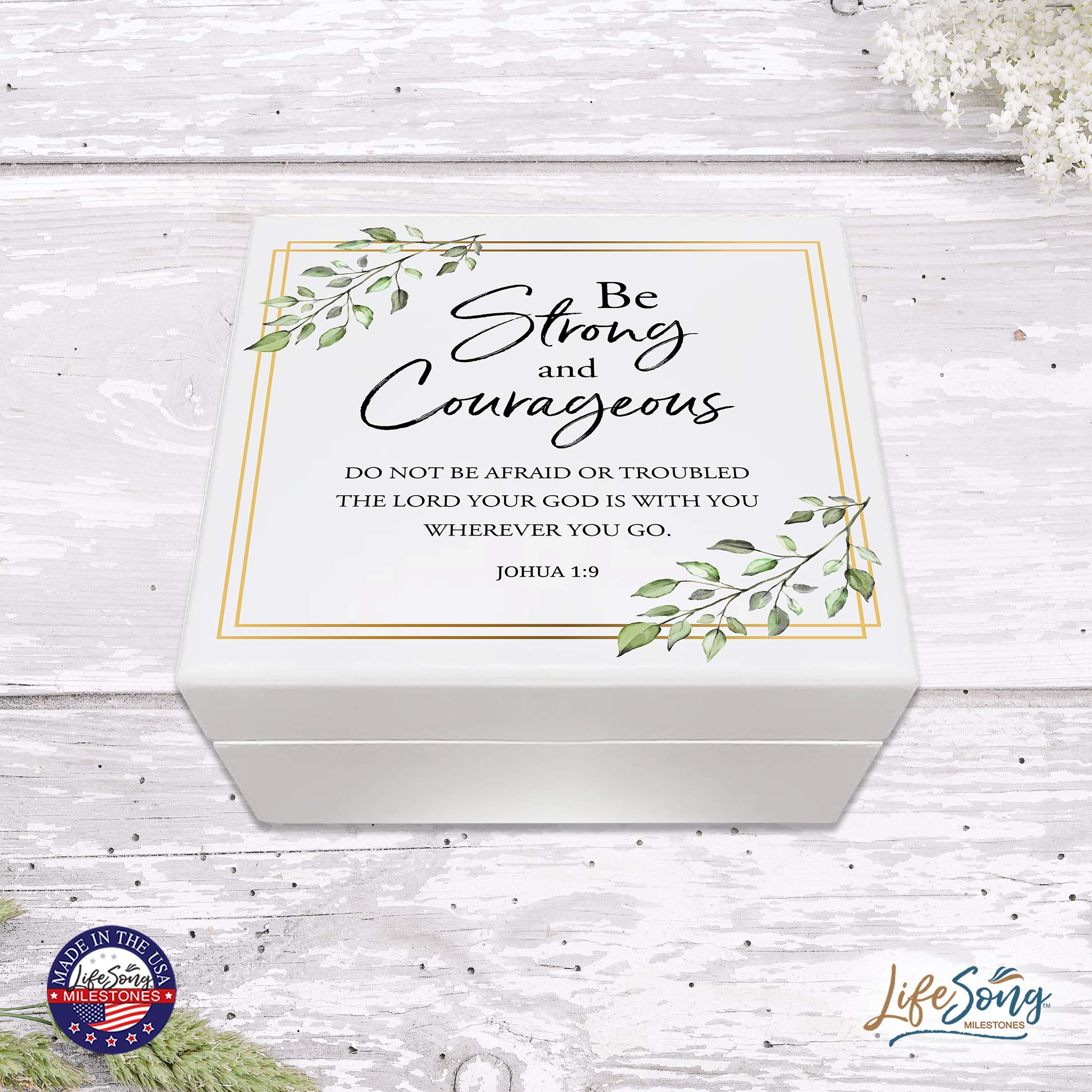 LifeSong Milestones Baptism Keepsake Jewelry Box - Elegant Jewelry Storage Gift for Godparents from Godchild, Godson or Goddaughter (Be Strong and Courageous) - Perfect for Christening, Baptism Ceremonies & Religious Gift Giving