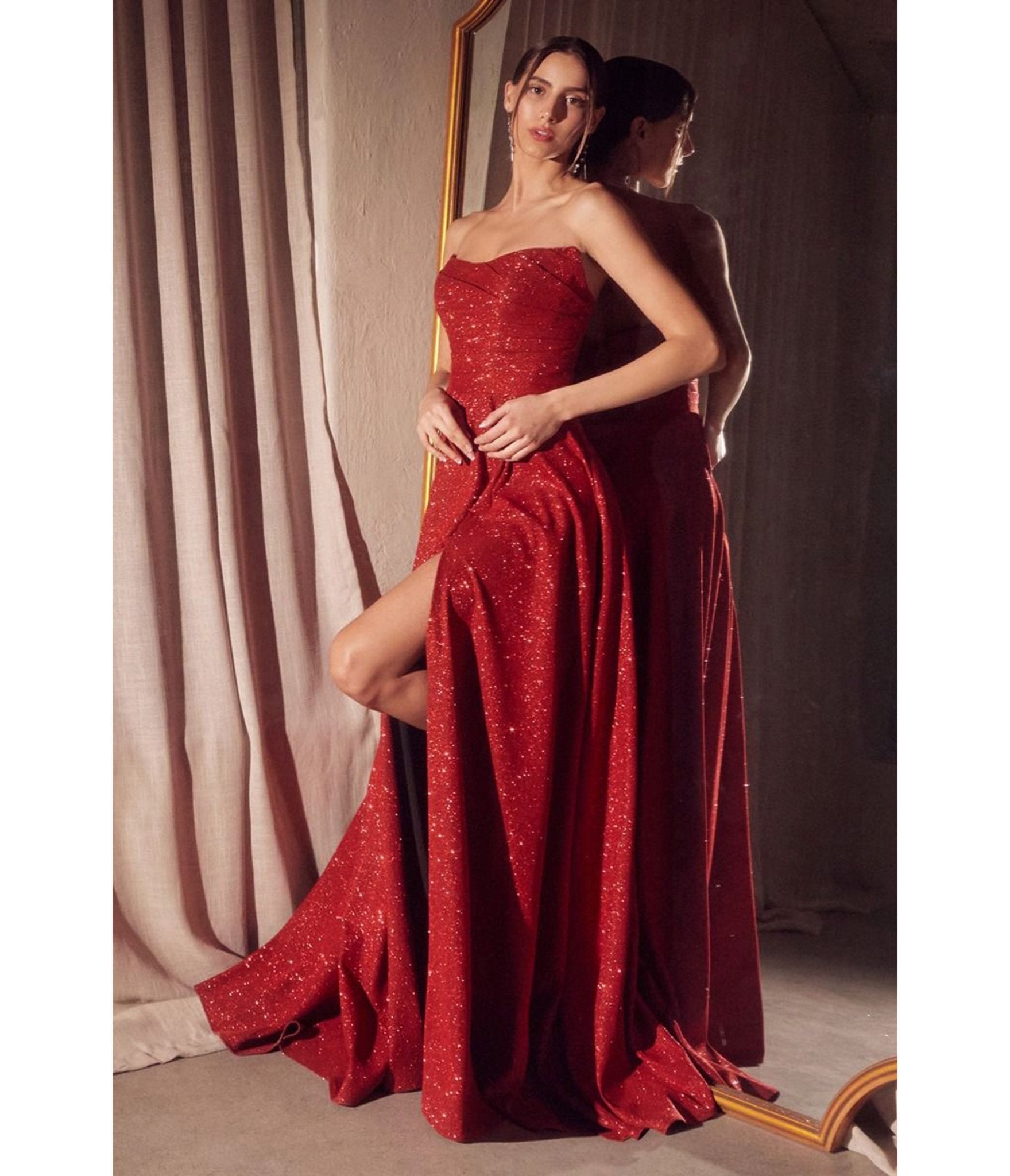Cinderella Divine Red Glitter Strapless A-Line Prom Dress with High Slit | Elegant Evening Gown for Homecoming, Pageant & Formal Events