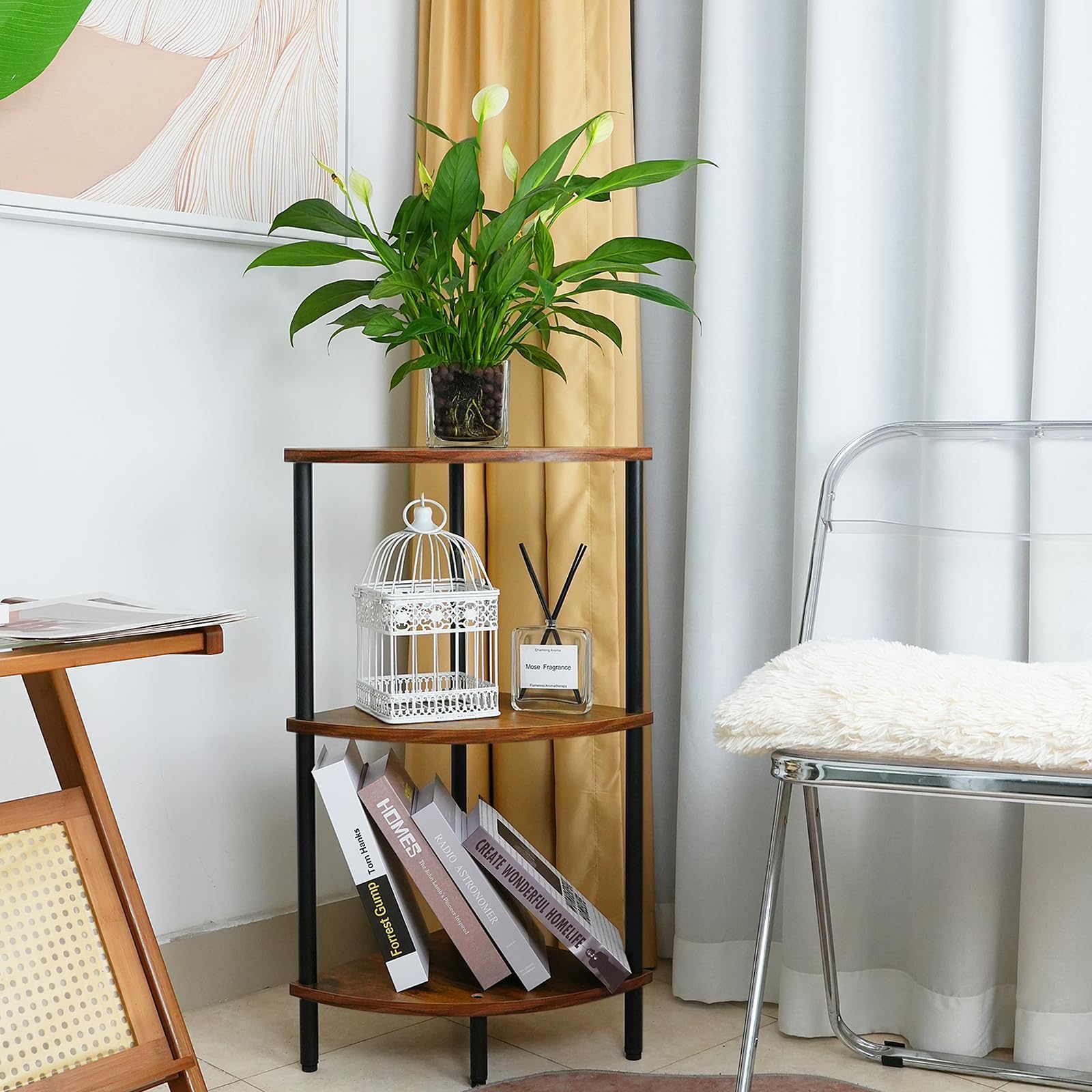 3 Tier Corner Shelf Stand - 28 Inch Rustic Industrial Bookshelf for Small Spaces | Storage Standing Shelf Unit with Plant Stand | Perfect for Living Room, Bedroom & Home Office | Space-Saving Corner Table for Books, Decor & Indoor Plants