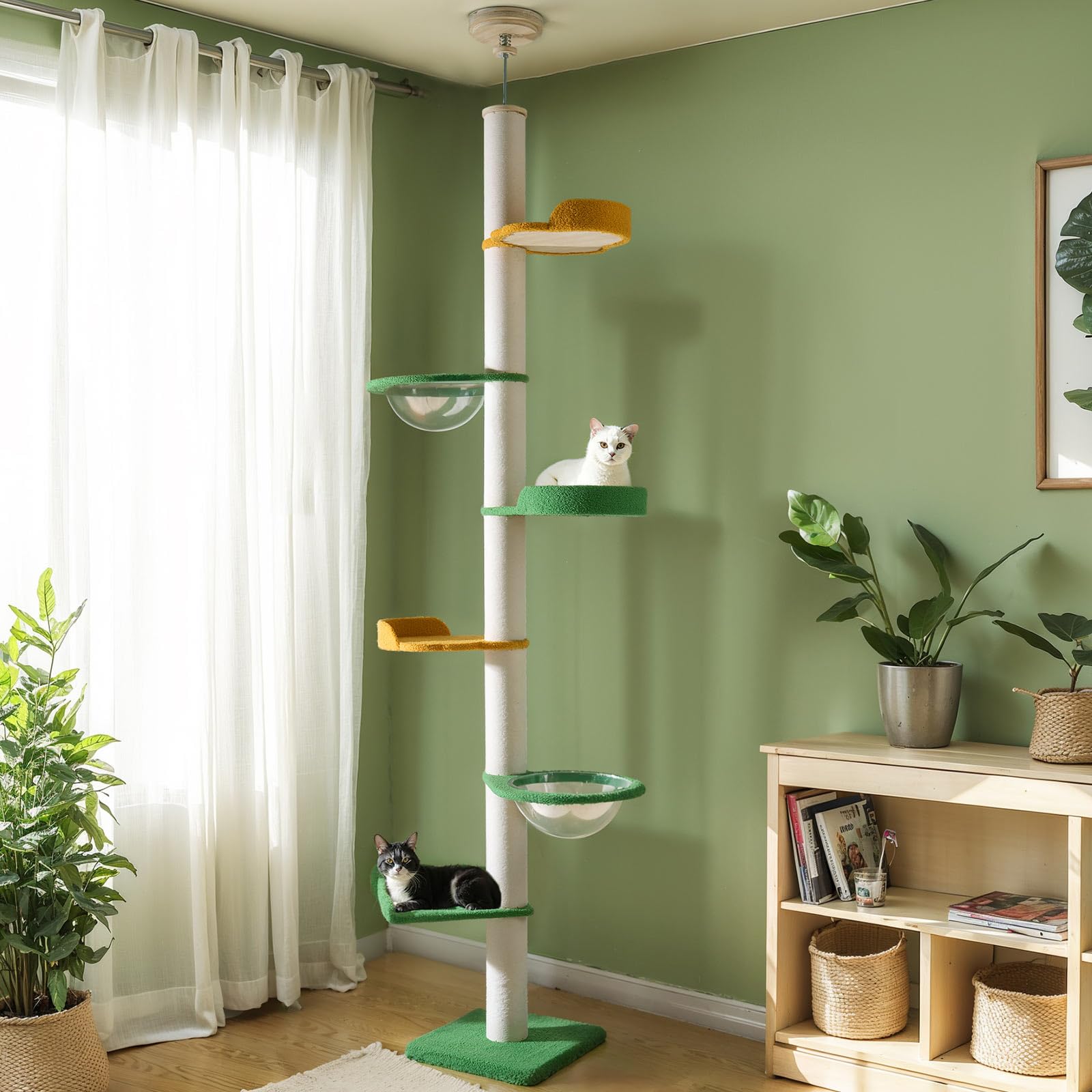 Veehoo 7-Level Adjustable Floor to Ceiling Cat Tree (106-123 inches) - Plush Tall Cat Tower with 4.3
