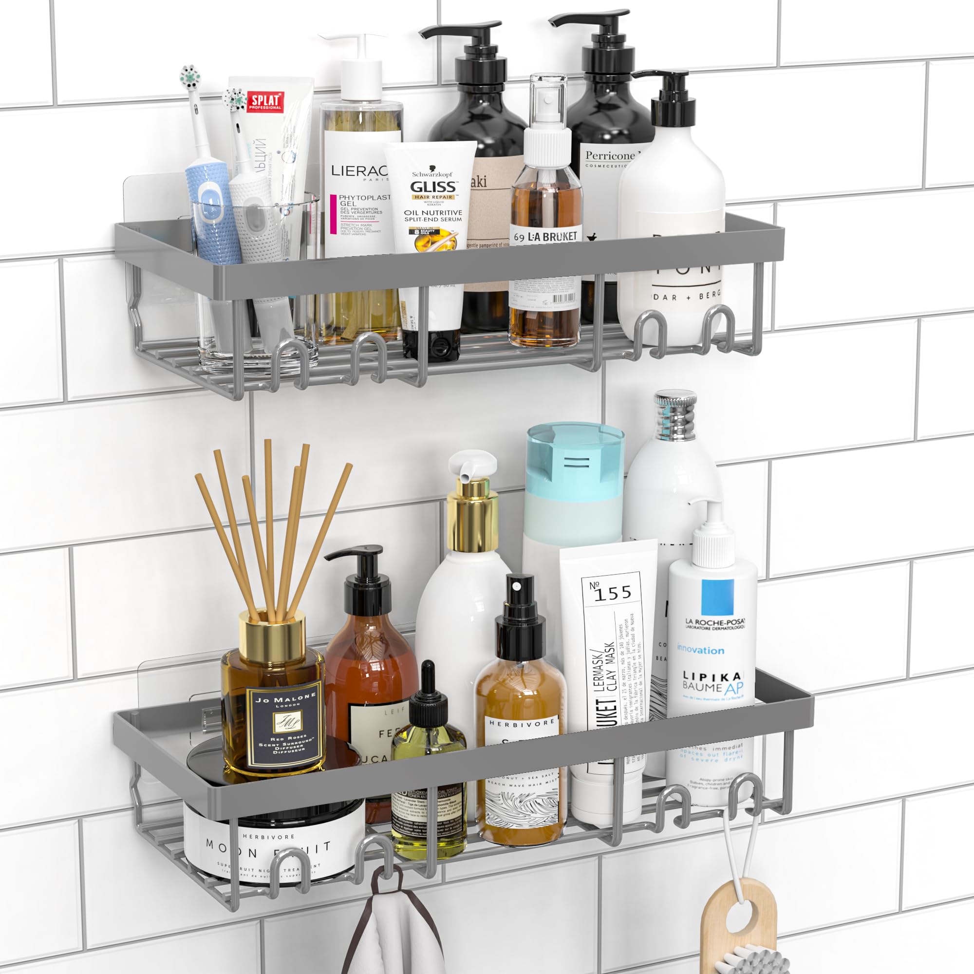 Moforoco Self-Adhesive Shower Caddy Shelf Organizer - Rustic Black Bathroom Wall Storage Basket for RV, Camper & Apartment - Perfect for Farmhouse Decor, Shower Organization & Small Space Storage