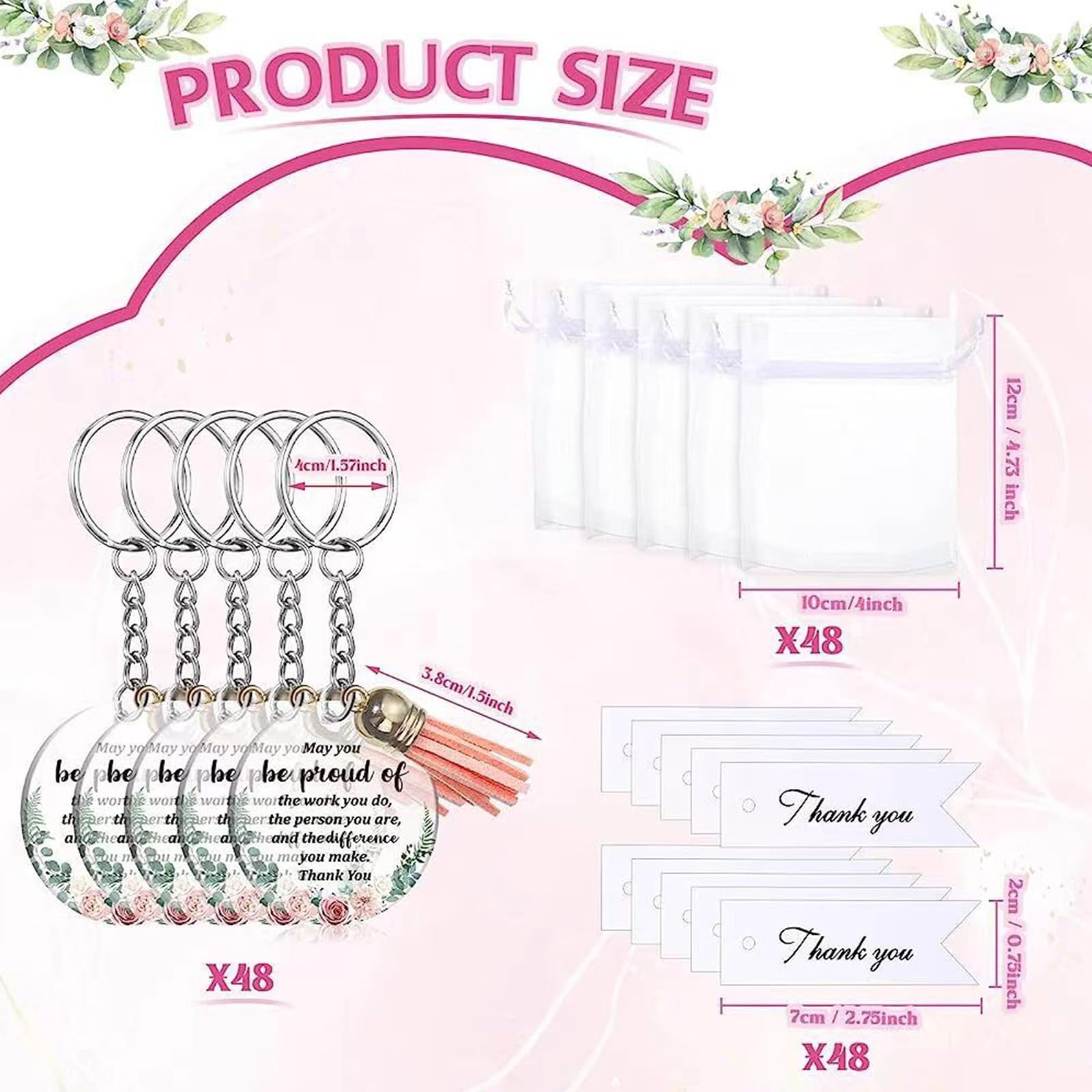 48-Pack Saddgo Thank You Cards with Inspirational Floral Acrylic Keychains - Appreciation Gifts for Birthday, Teacher, Nurse & Coworkers | Bulk Thank You Notes with Plastic Storage Bags for Office, School & Party Favors