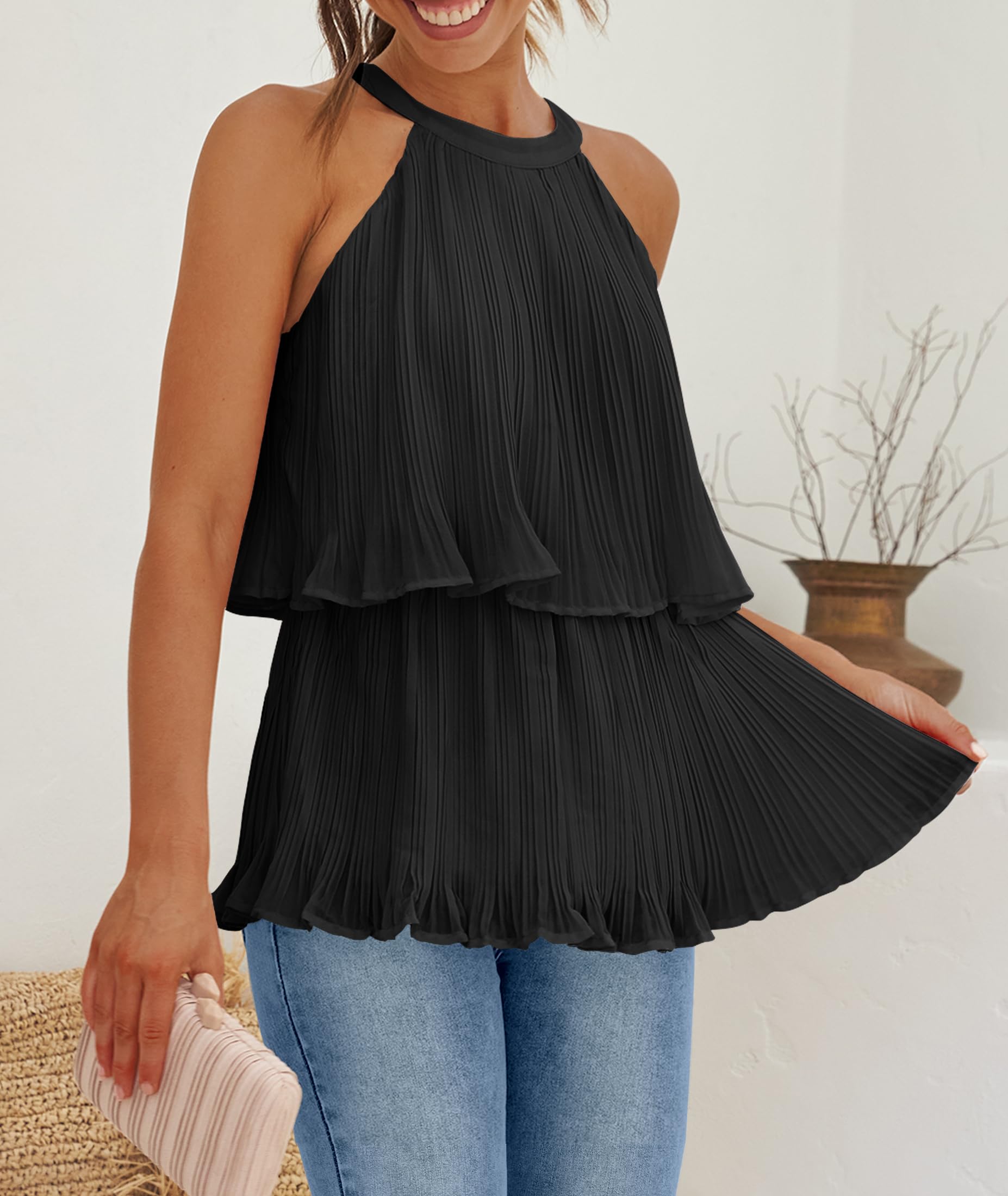 ZESICA Women's Summer Halter Tank Tops - Casual Sleeveless Ruffle Tiered Layered Chiffon Flowy Blouse Shirts for Beach, Vacation & Outdoor Activities