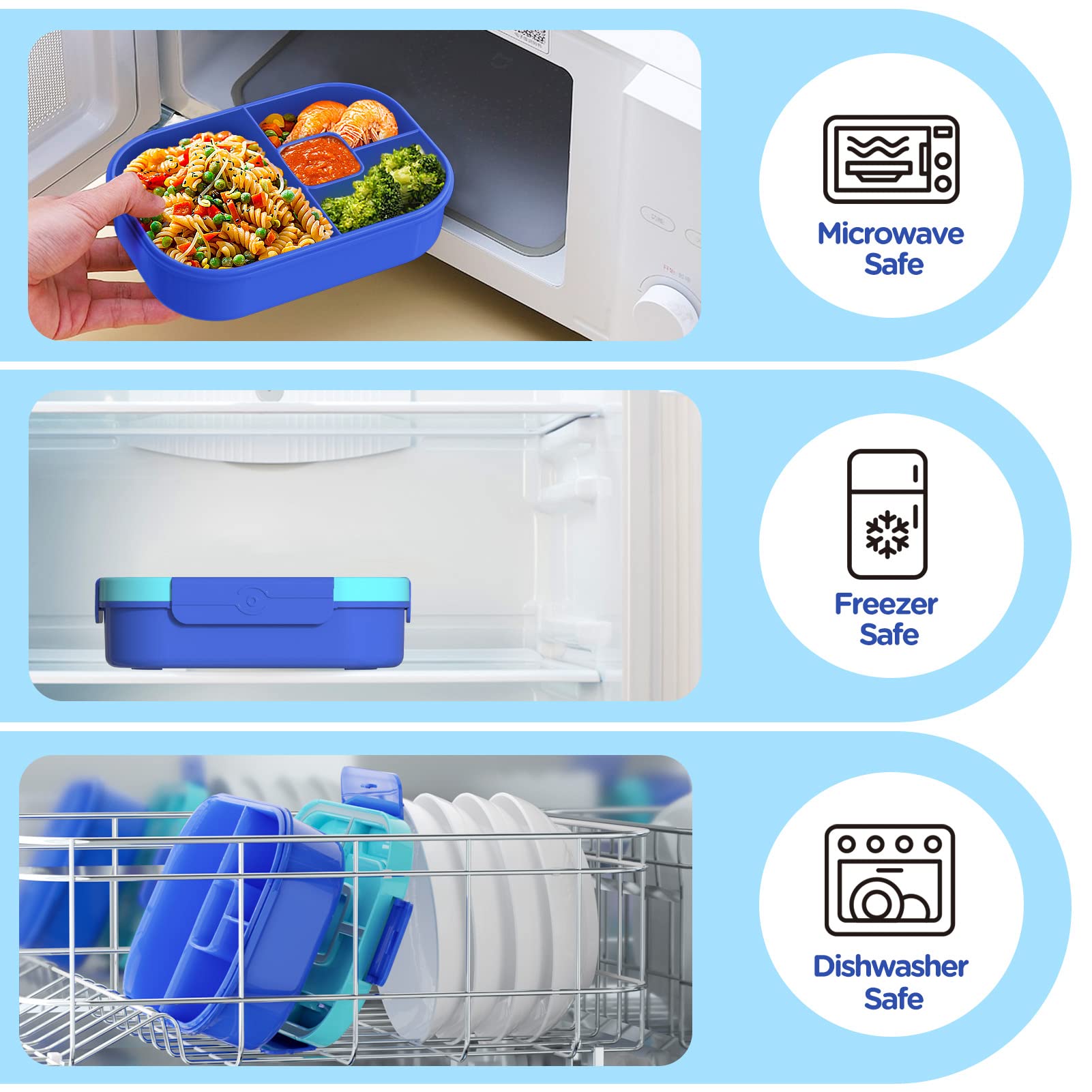 Jelife 1300ML Leak Proof Kids Bento Lunch Box - Insulated School Lunch Container for Boys & Girls with Utensils, Food Forks & Cake Cups (Blue) - Perfect for School, Picnics, Travel & Daily Meals