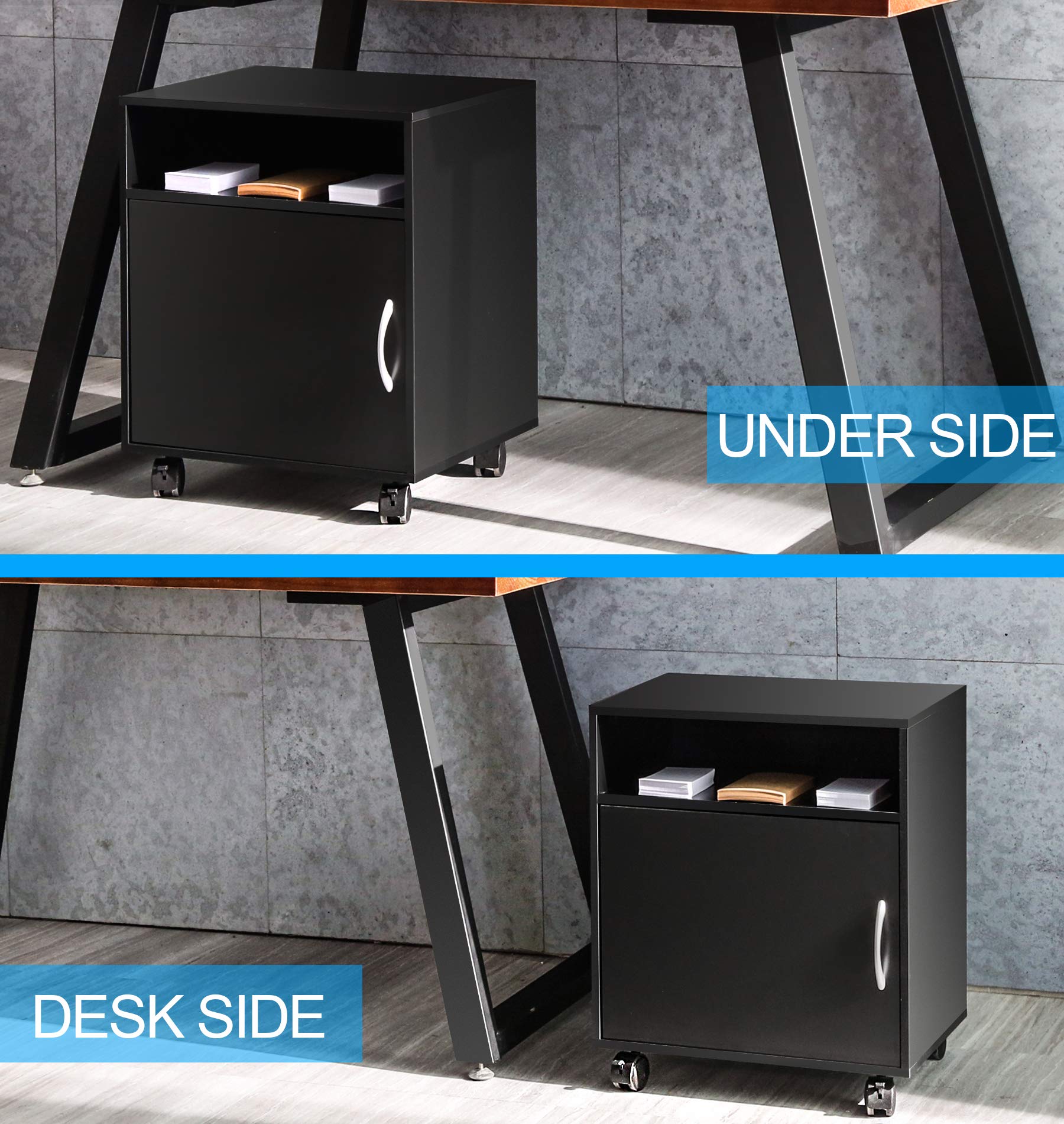FITUEYES Adjustable Mobile Printer Stand with LED Light Strip - Rolling Wooden Work Cart with Storage Shelves & Door - Black Home Office Organizer for Printer, Scanner & Supplies - Perfect for Small Spaces & Workspaces