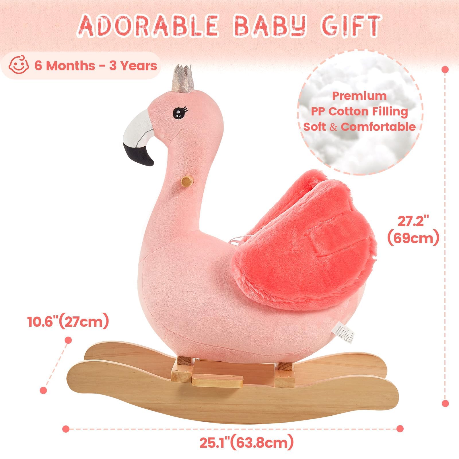FUNLIO Pink Flamingo Baby Rocking Horse - Soft Plush Ride-On Rocker Toy for Toddlers 6 Months to 3 Years | Safe & Easy to Assemble | CPC & CE Certified | Perfect Nursery Gift for Baby Girls | Indoor Play & Early Childhood Development