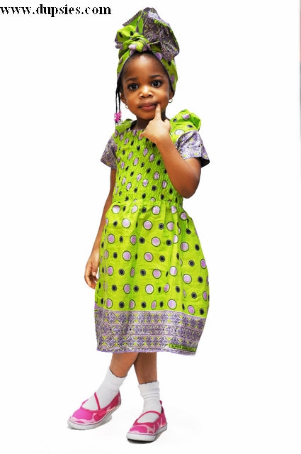 Stylish Green & Lilac African Print Smocked Dress for Girls - DPCAR40 | Perfect for Birthday Parties, Family Gatherings & Special Occasions