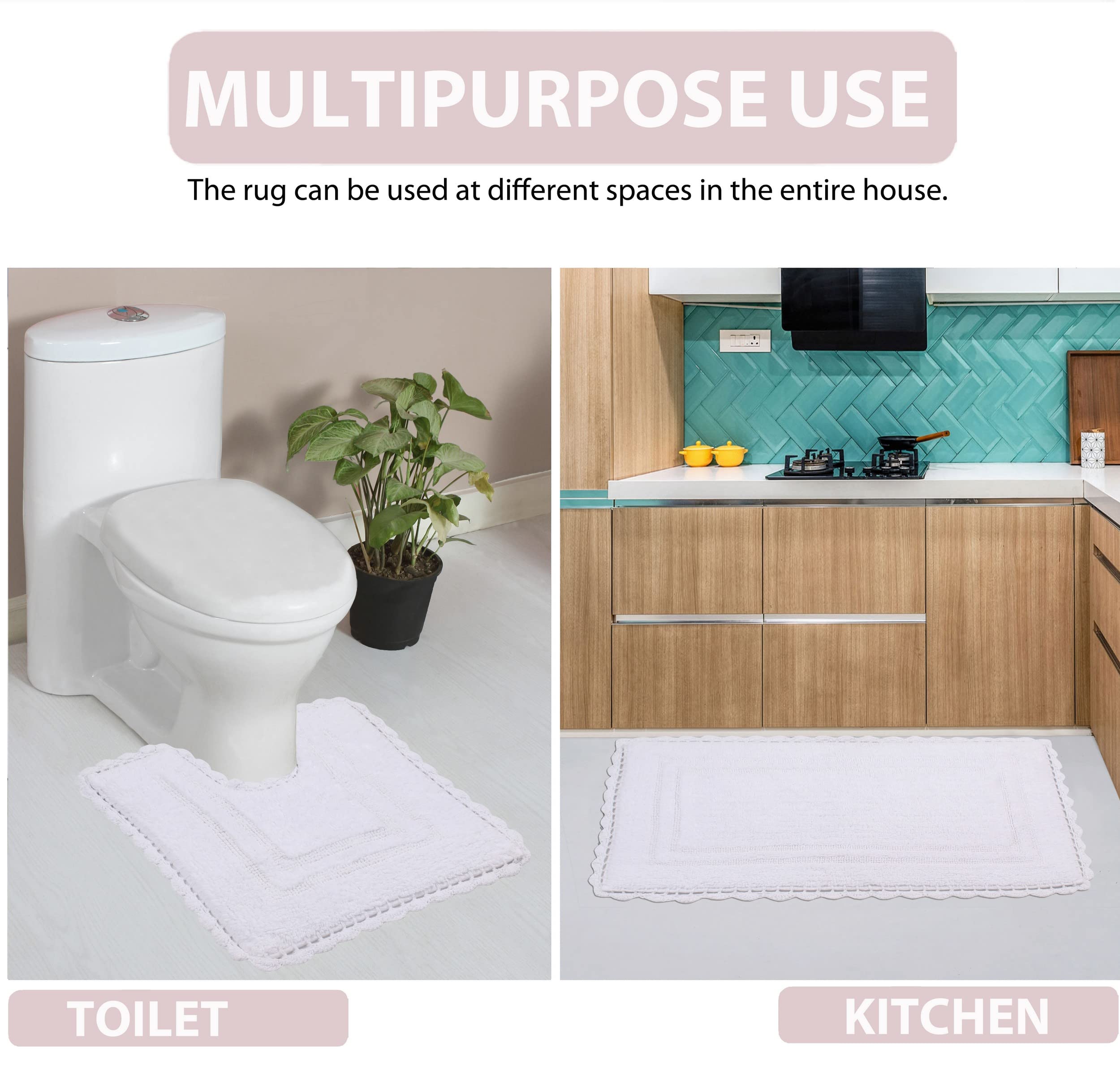 Home Weavers Reversible 100% Cotton Bath Mat Set - Ultra Soft Absorbent Non-Slip Bathroom Rug & Kitchen Mat (17x24 Inch, White) - Perfect for Bathroom Floor, Shower Exit & Sink Area