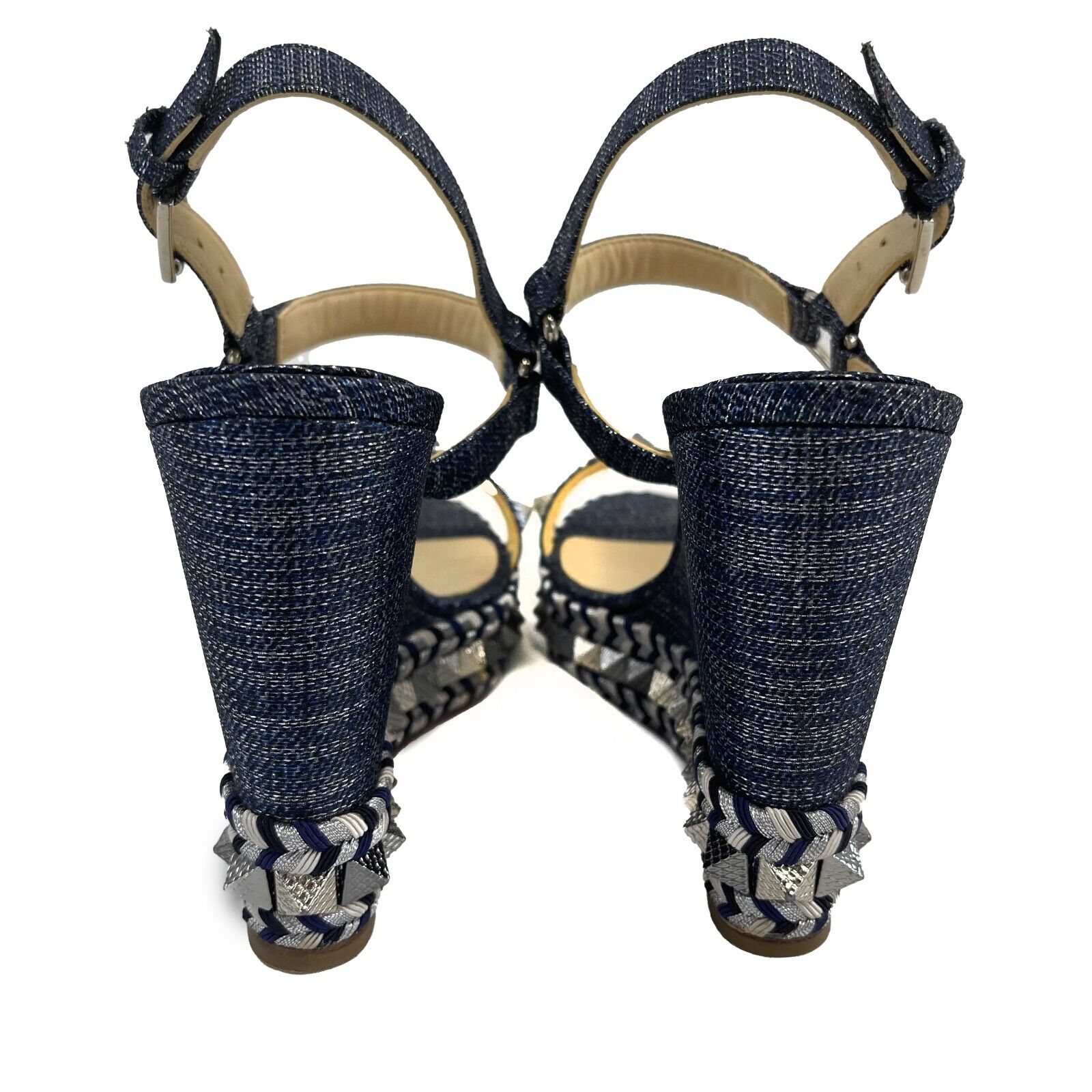 Christian Louboutin Pyraclou Spike Denim Wedge Sandals Women's Size 39 (US 9) - Stylish High Heel Shoes for Parties, Weddings & Evening Events