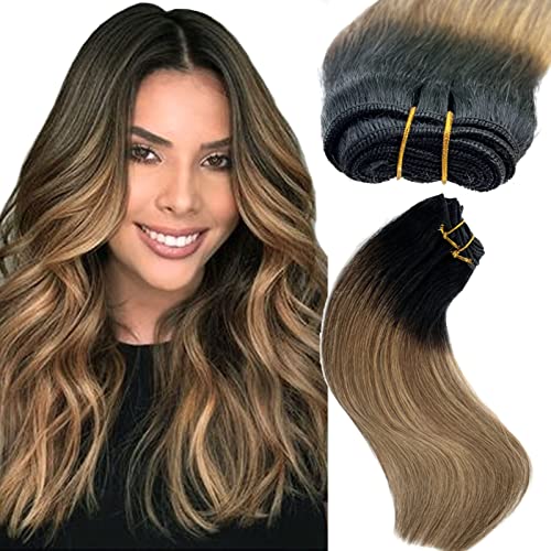 22 Inch 120G Hand-Tied Weft Human Hair Extensions - Ombre Brown to Blonde Balayage for Women | Sew-In Real Human Hair Extensions | Perfect for Weddings, Parties & Daily Styling