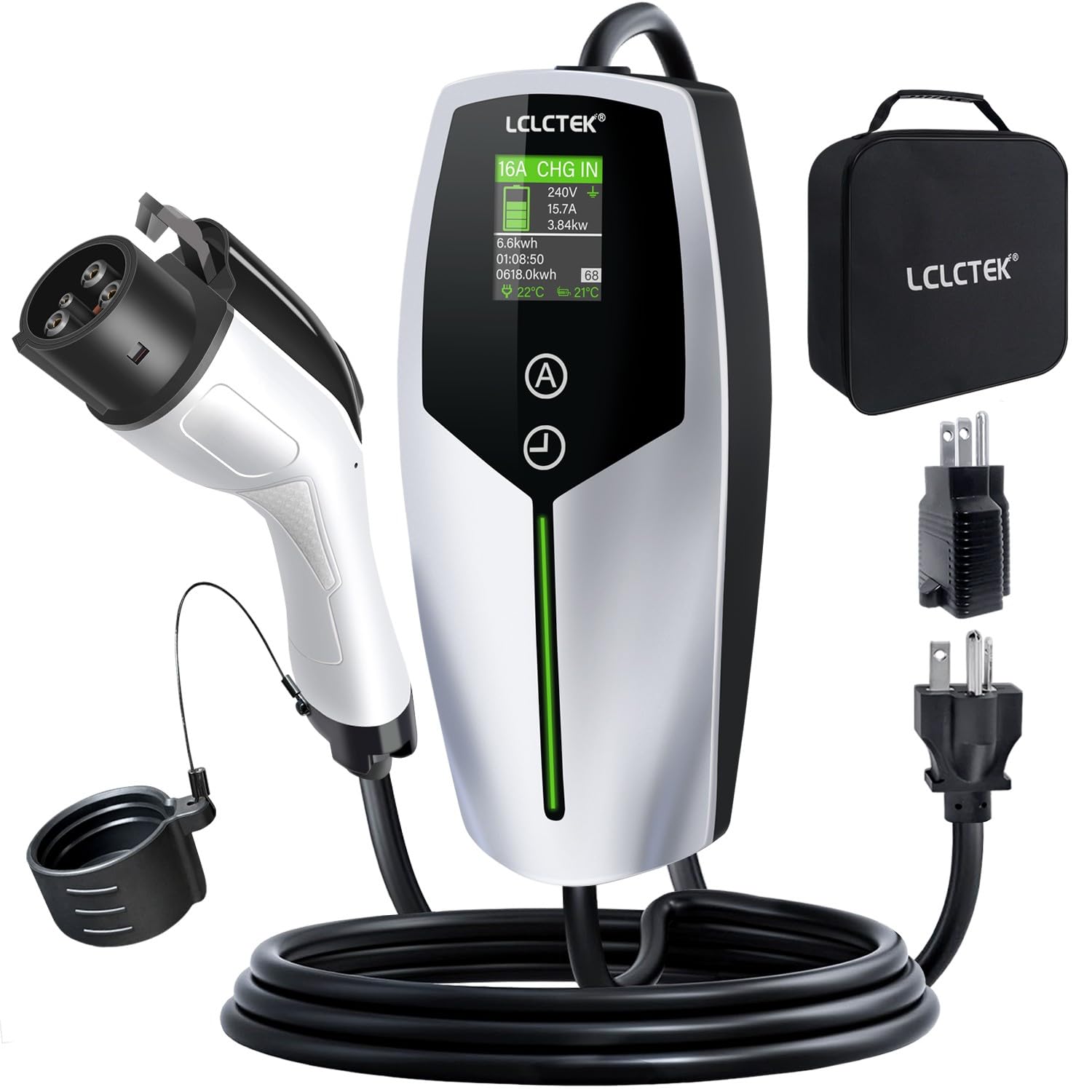 Level 1+2 EV Charger 16Amp 110-240V Portable Car Charger - NEMA 6-20P & 5-15P Plug - 26Ft J1772 Charging Cable for Electric Vehicles (Silver) - Perfect for Home, Office & Road Trip Charging