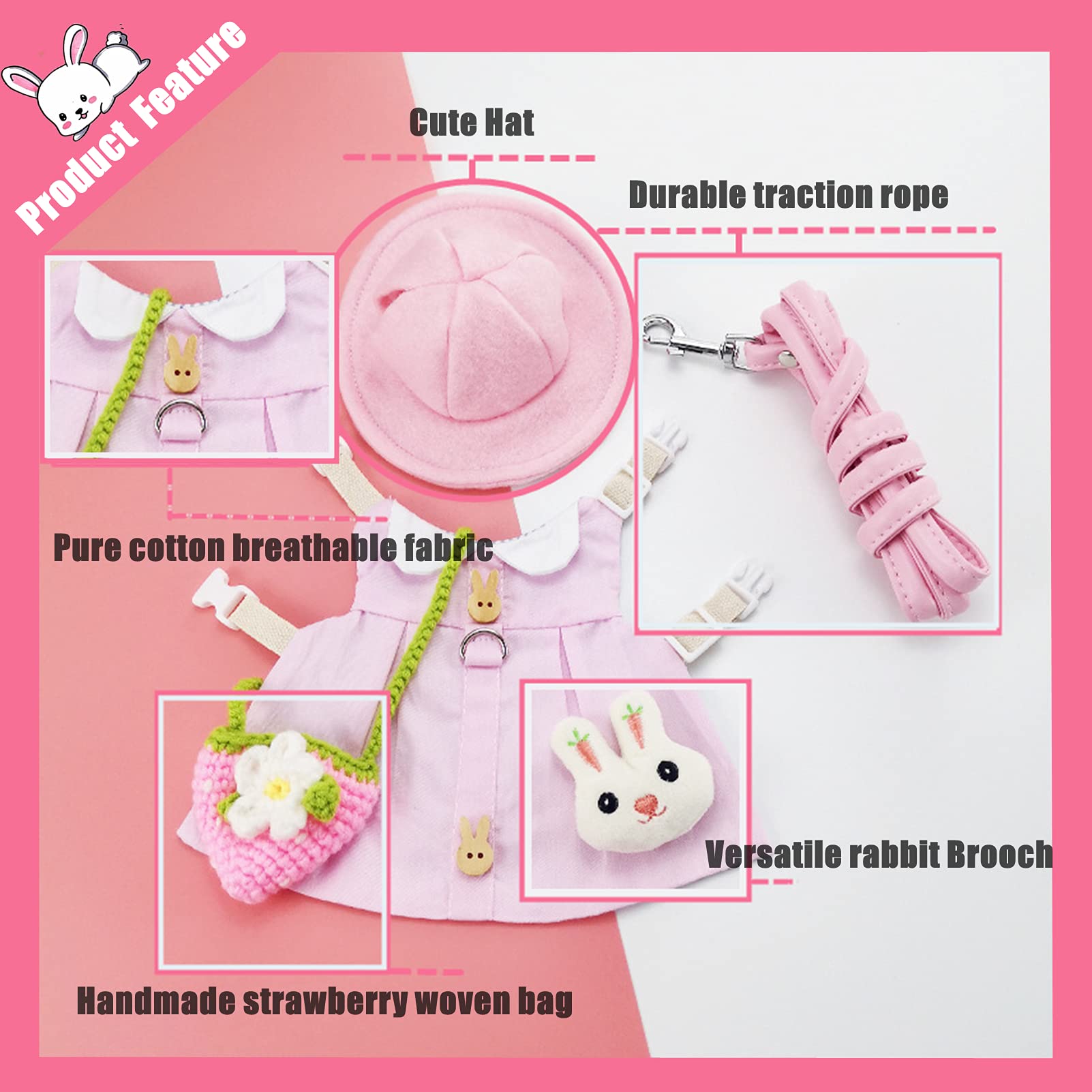 Cute Guinea Pig Clothes & Bunny Ferret Outfits with Rabbit Harness Leash Set - Soft Mini Hat, Pet Bag & Brooch for Kittens & Small Animals - Perfect for Pet Parties, Photo Shoots & Daily Walks