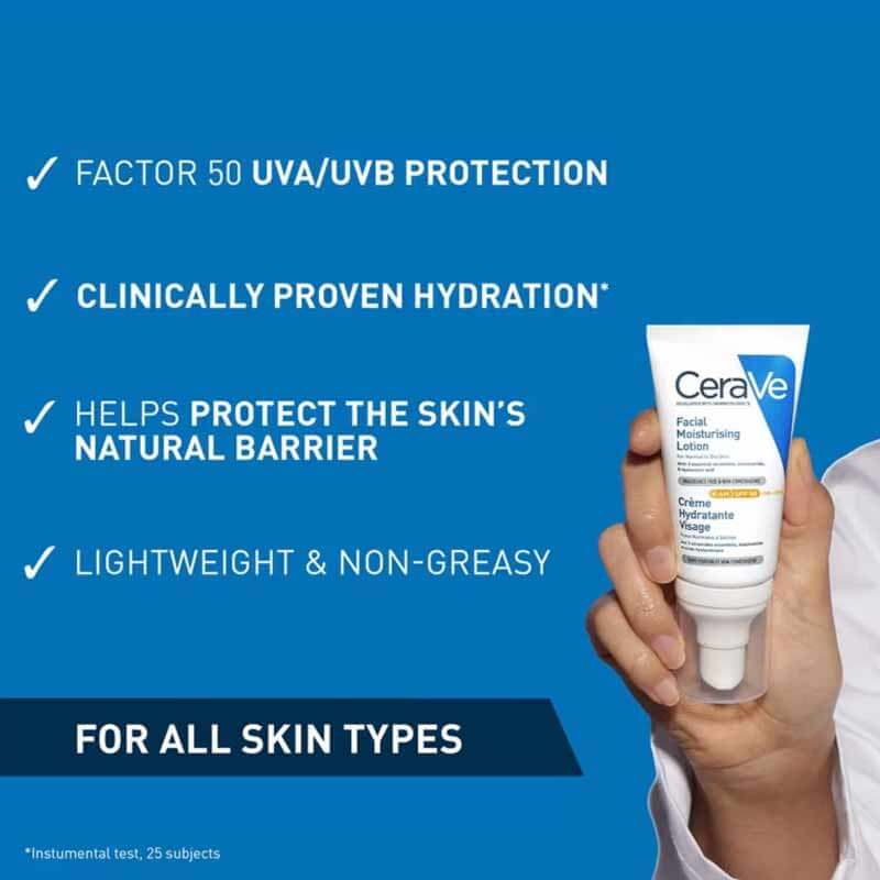 CeraVe AM Facial Moisturizer with SPF 50 | Oil-Free Daily Face Lotion for Dry Skin | Hydrating & Non-Comedogenic | Perfect for Morning Skincare Routine & Sun Protection