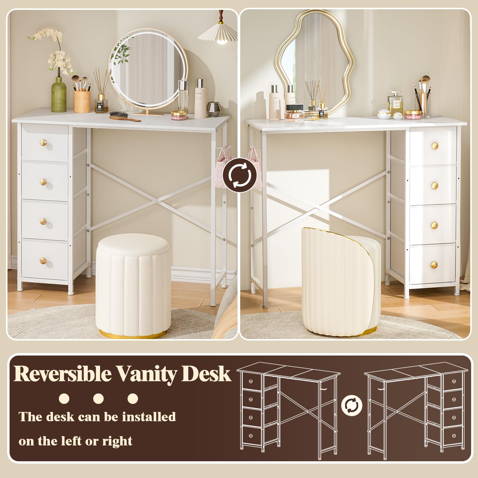 Vanity Desk No Mirror, Small Makeup Vanity Table with 4 Fabric Drawers, White Dressing Table for Small Spaces - 35.4 Inch Girls Bedroom Makeup Desk with Iron Hook | Perfect for Compact Bedrooms, Dorm Rooms & Apartment Decor
