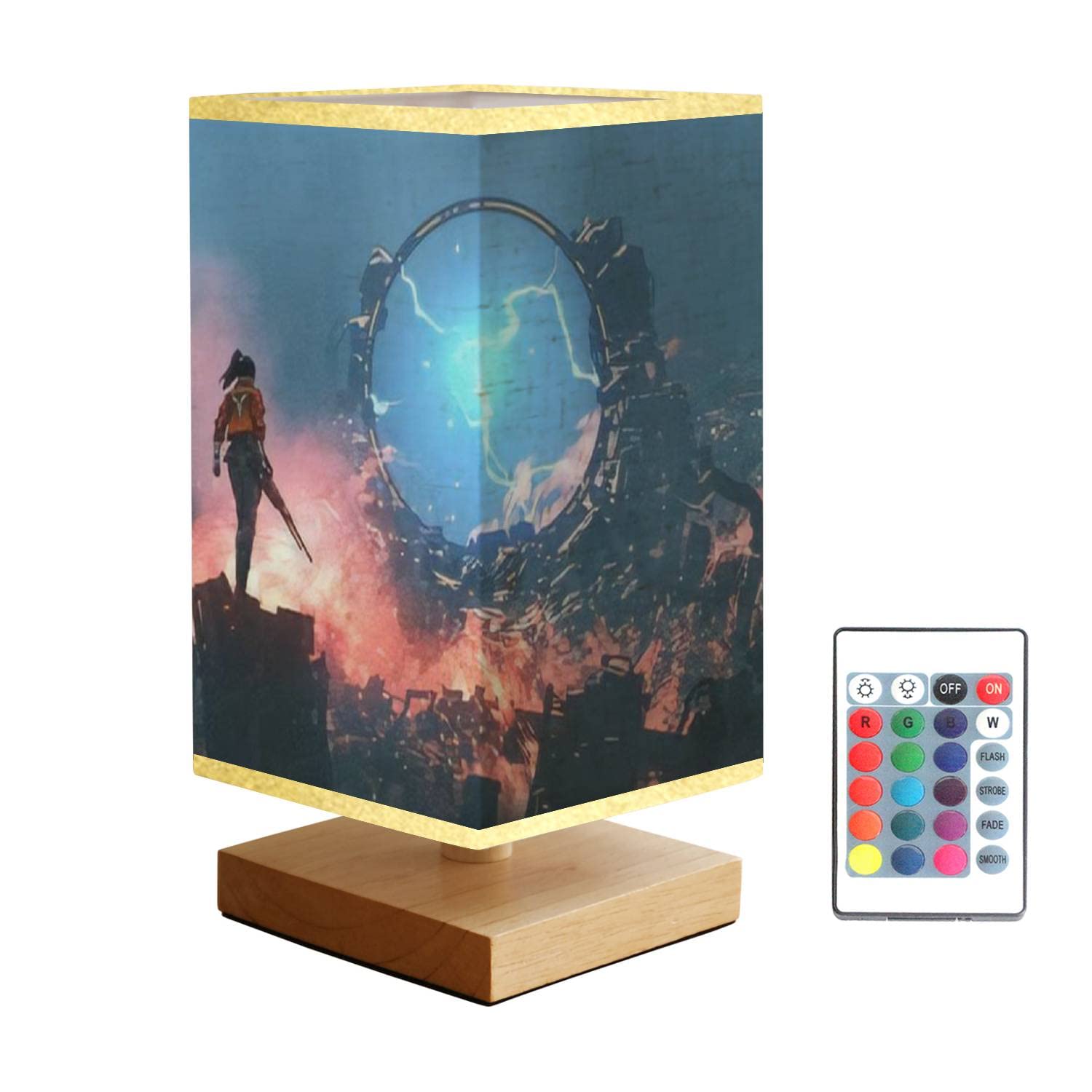 Modern Dimmable Square Bedside Table Lamp - Wooden Base with Flaxen Fabric Shade, Art Style Inspired by Girl Looking at Destroyed Portal in Ruin City - Perfect Nightstand Lamp for Bedroom, Living Room, Office | Creates Cozy Ambiance for Reading, Relaxing & Decor