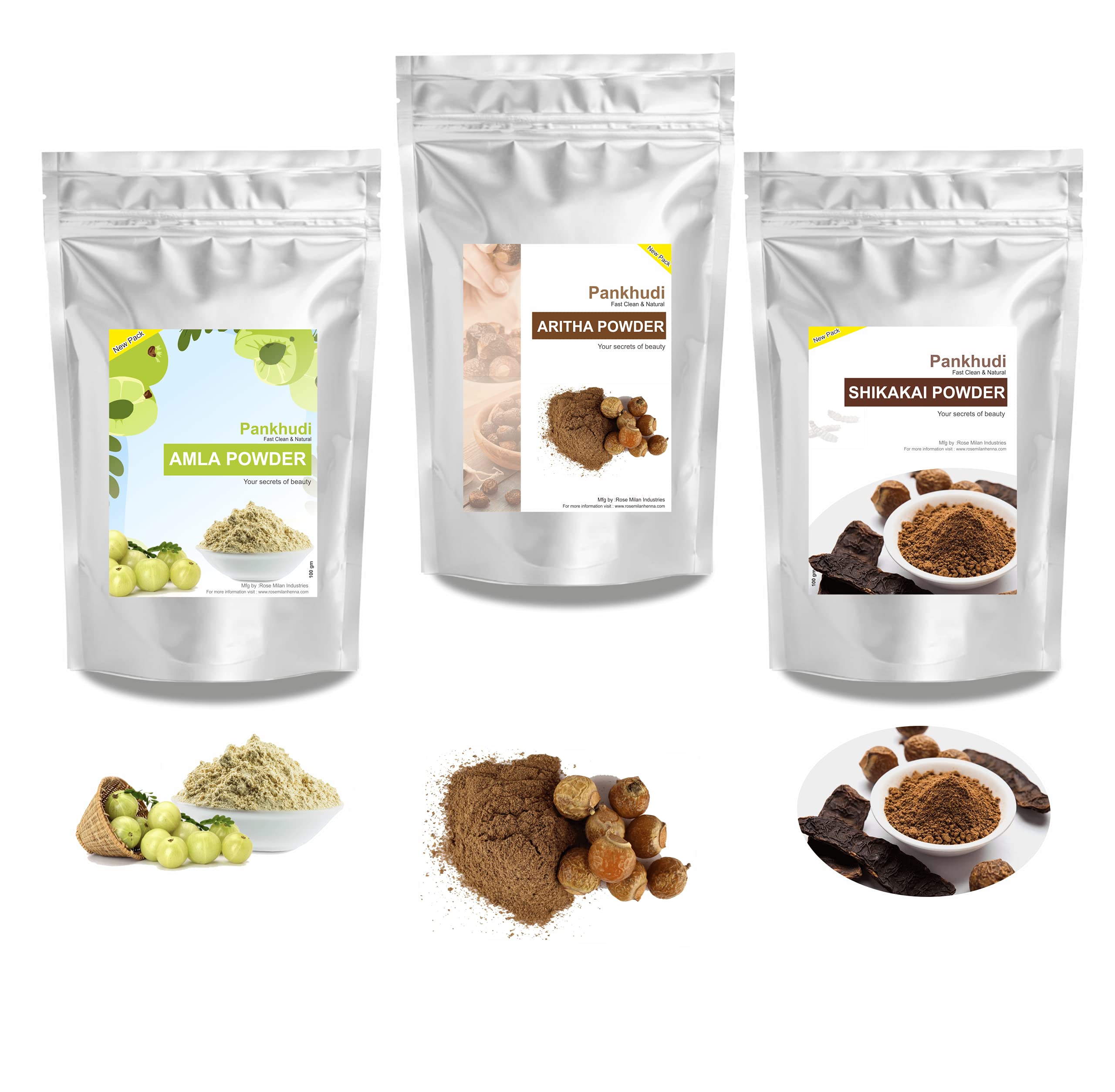 Organic Amla + Aritha + Shikakai Powder Combo Pack (100g x 3) - Natural Hair Wash, Cleansing & Conditioning Treatment for Shiny, Healthy Hair - Perfect for Ayurvedic Hair Care Routine at Home