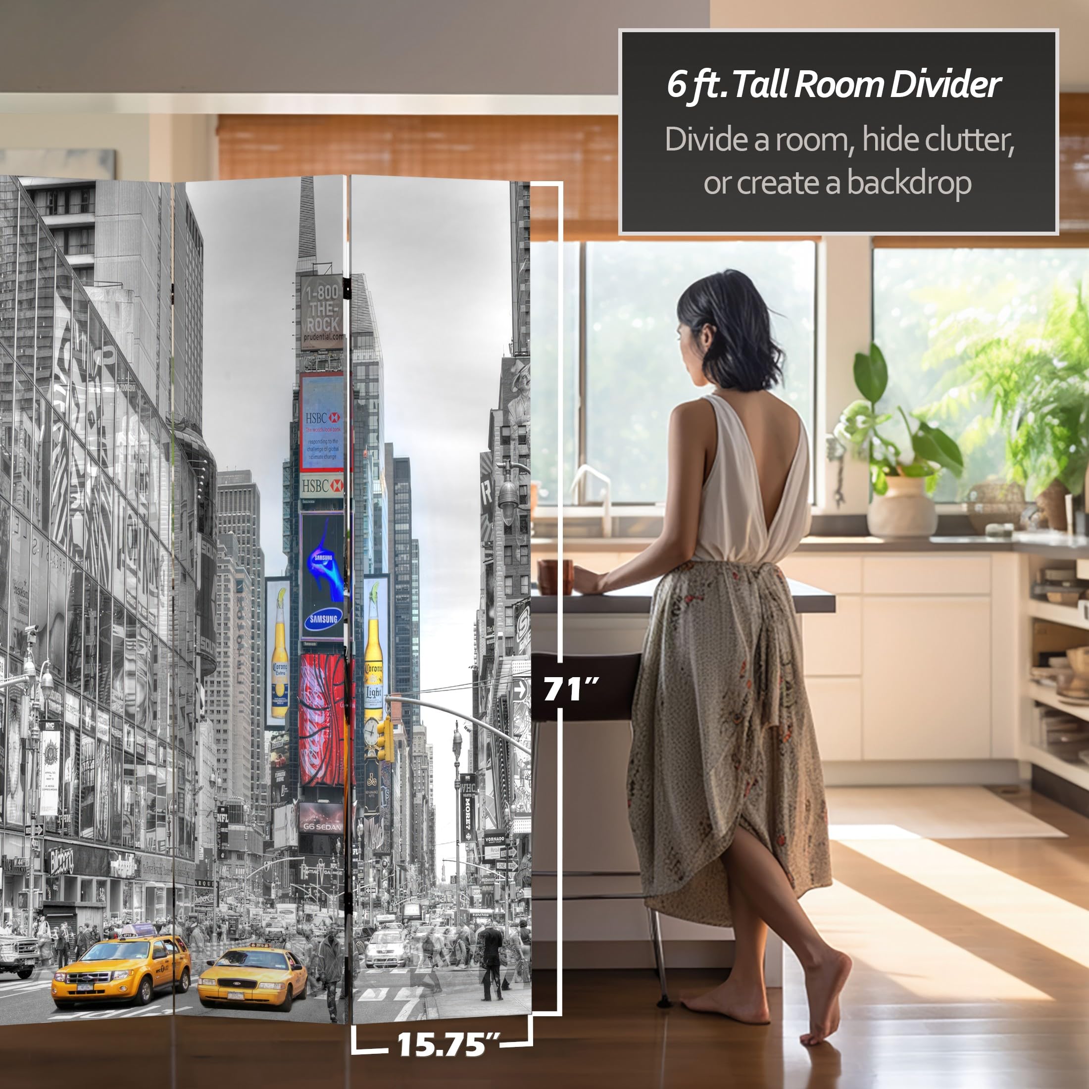 6 ft. Tall Double Sided New York Taxi Room Divider Screen - Black Oriental Folding Partition for Home Office, Living Room & Bedroom Privacy