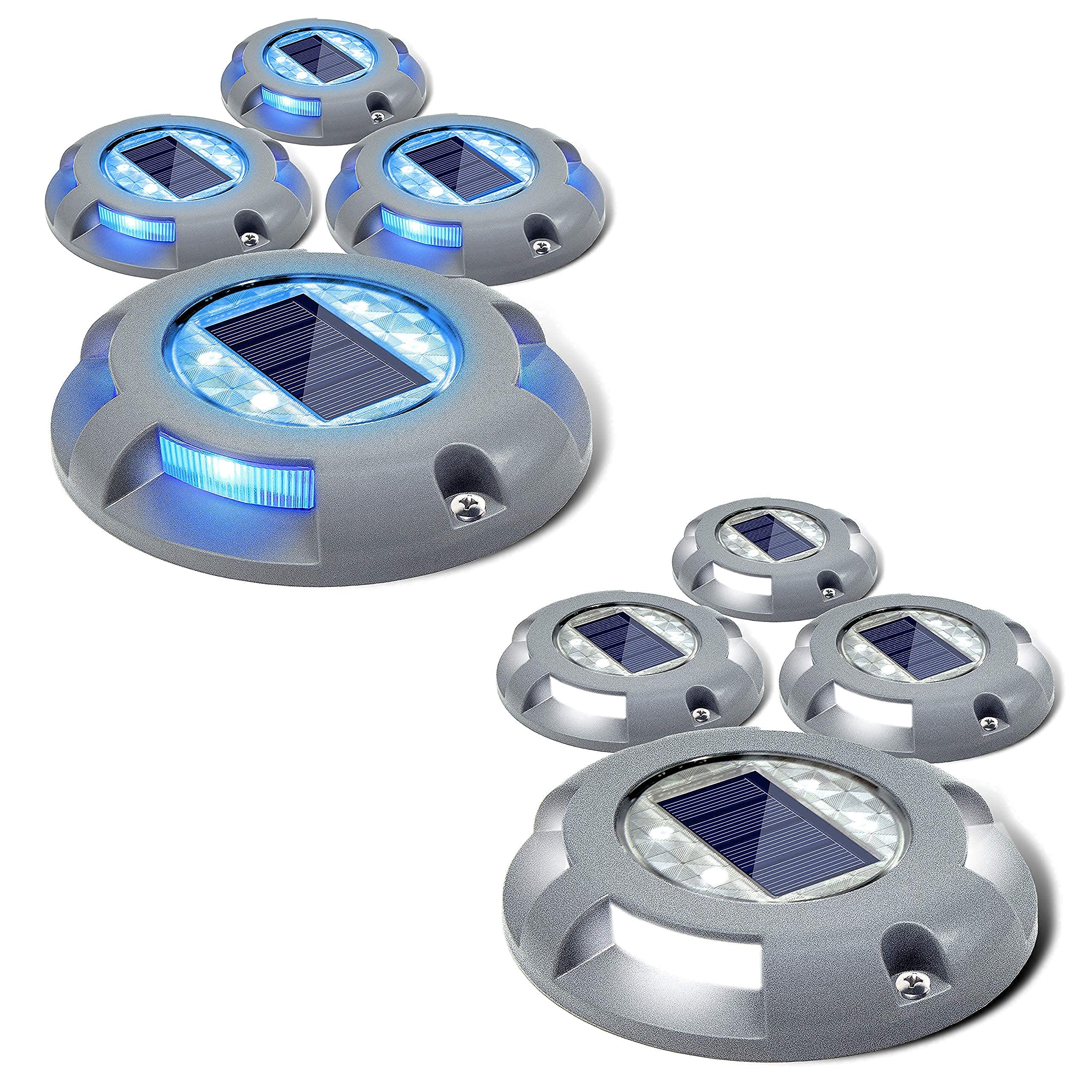 **Siedinlar 4 Pack Solar Deck Lights - White & Blue LED Outdoor Garden Lights for Patio, Pathway, Stairs, Yard - Waterproof & Auto On/Off**