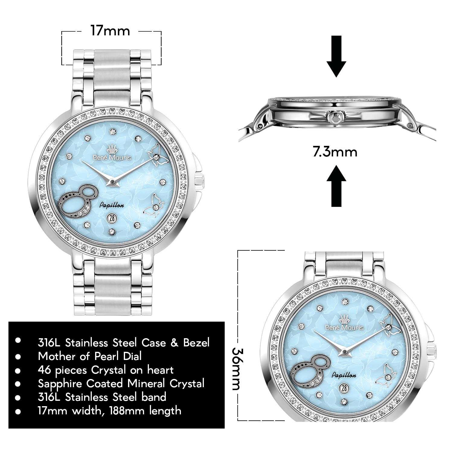René Mouris Papillon Women's Luxury Watch - 36mm 316L Stainless Steel Case, Sapphire Coated Mineral Crystal, 50M Water Resistant with Stainless Steel Band | Elegant Dress Watch for Business, Party & Everyday Wear
