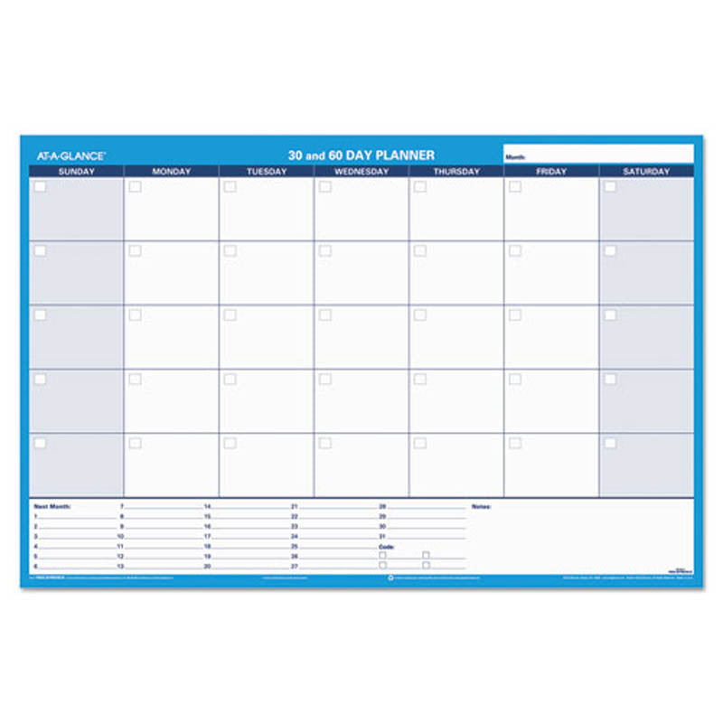 30/60 Day Undated Horizontal Erasable Wall Calendar Planner - White & Blue - Perfect for Office, Classroom, and Home Organization